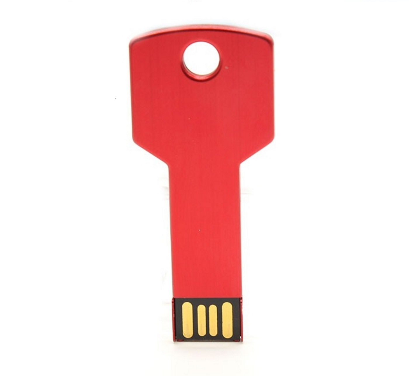 Roter USB-Stick in Schlüsselform auf weißem Hintergrund. Er hat einen goldenen USB-Anschluss.