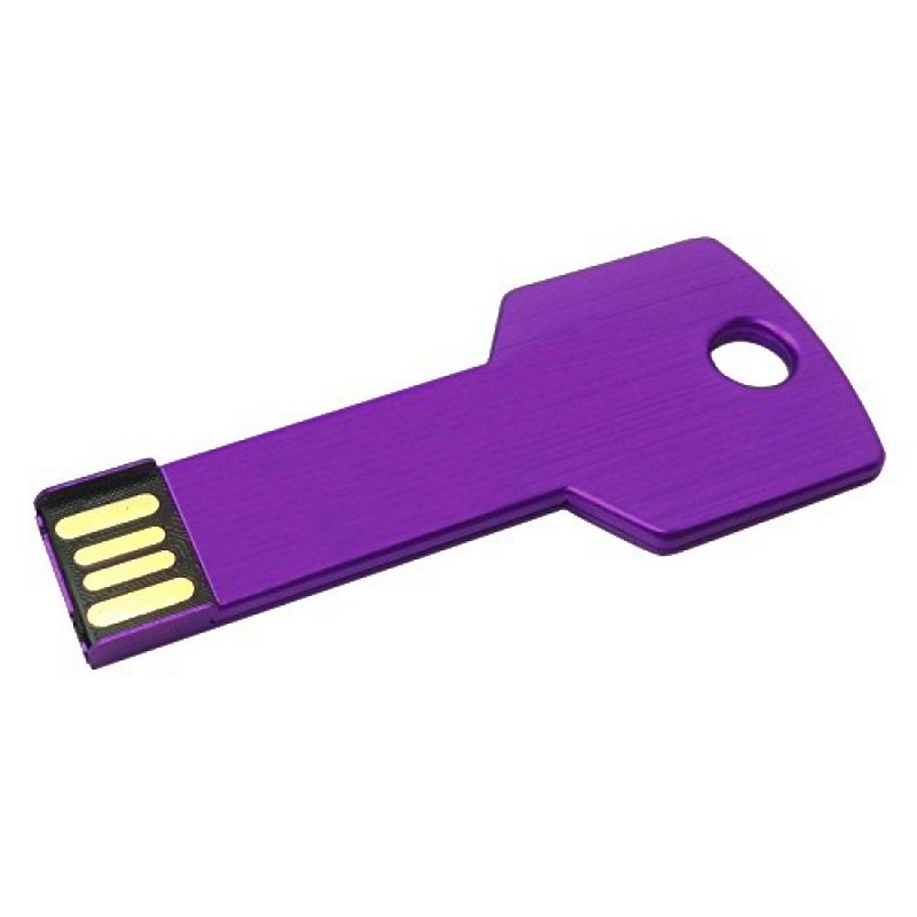 Ein lila USB-Stick in Schlüsselform, mit USB-Anschluss auf weißem Hintergrund.