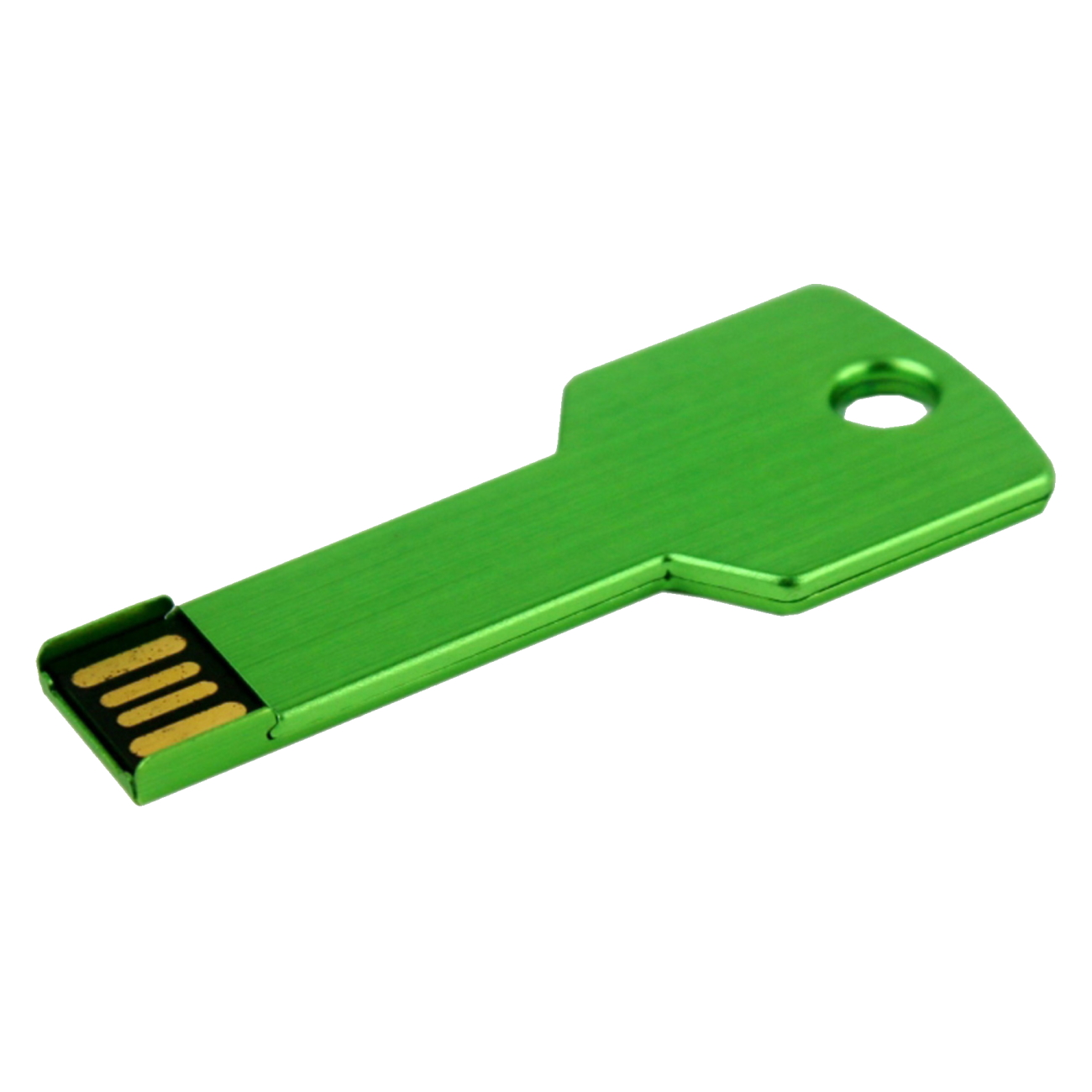Ein grüner USB-Stick in Schlüsselform auf weißem Hintergrund.