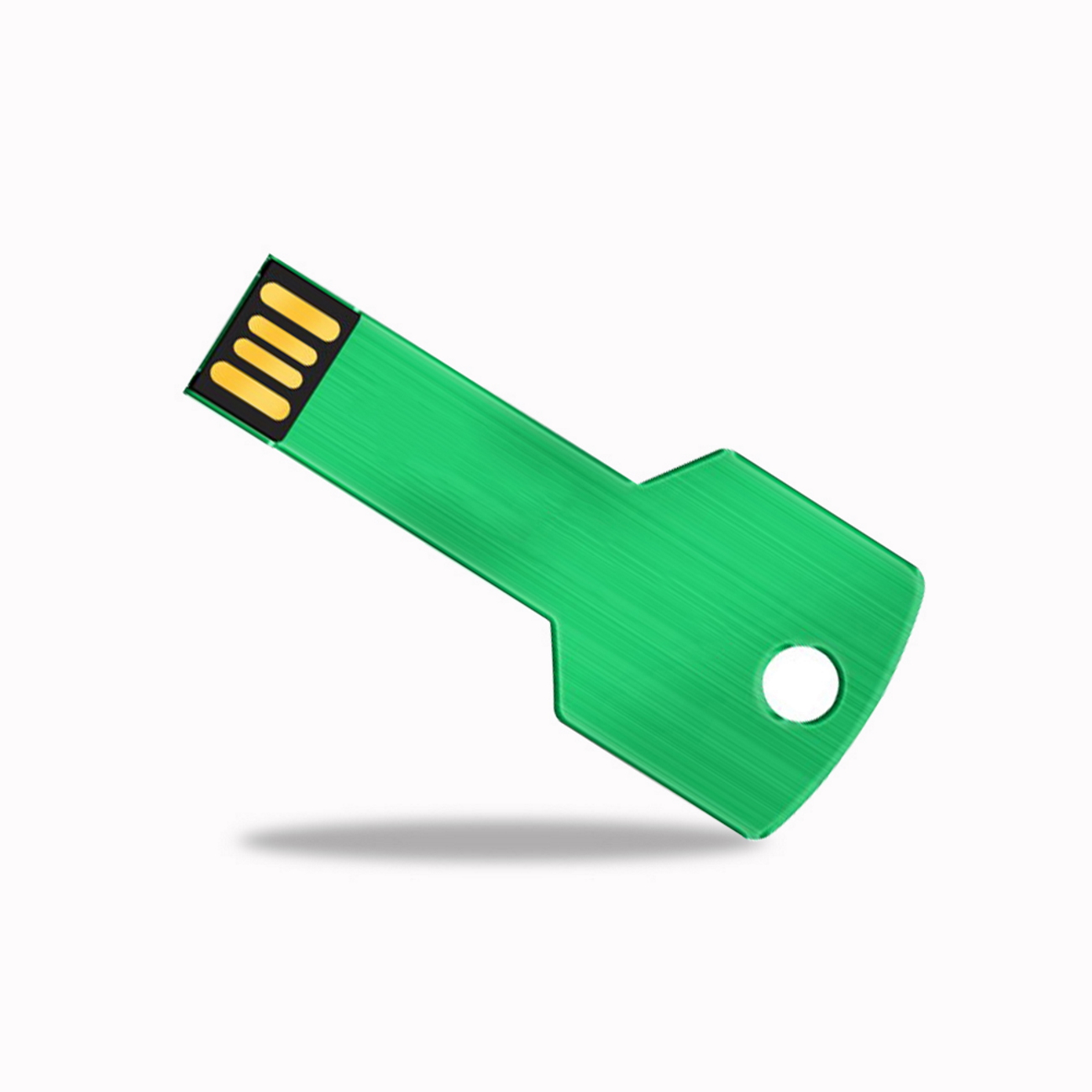 Grüner USB-Stick in Schlüsselform, mit Loch und goldfarbenen Anschlüssen.