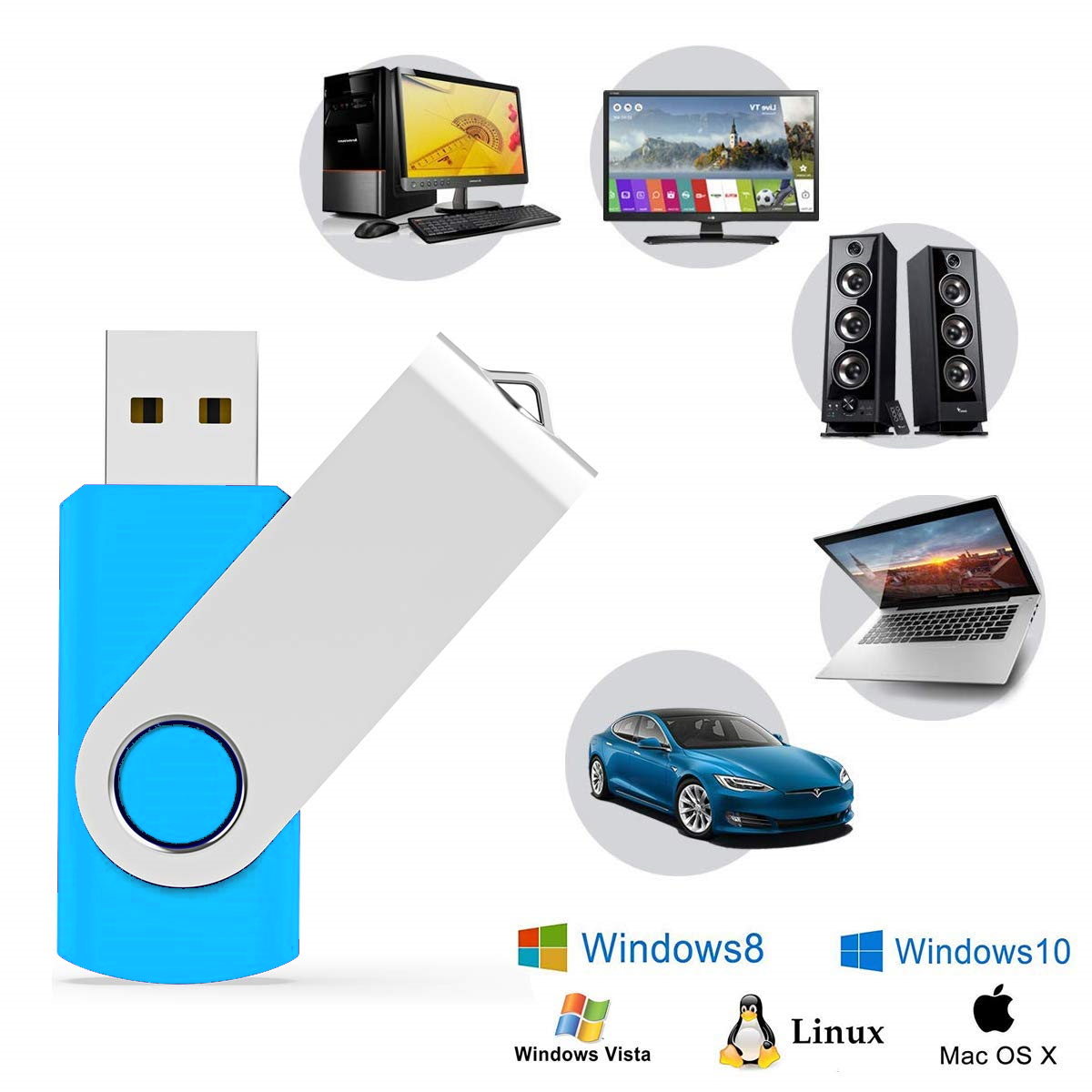 Ein USB-Stick mit blauem Sockel. Bilder von Computer, TV, Lautsprechern, Laptop und Auto werden auch gezeigt.