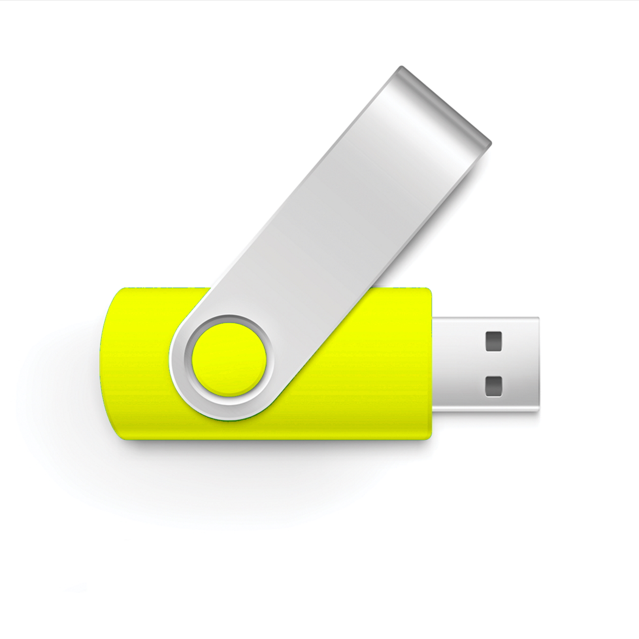 Ein gelber und silberner USB-Stick auf weißem Untergrund mit Schatten.