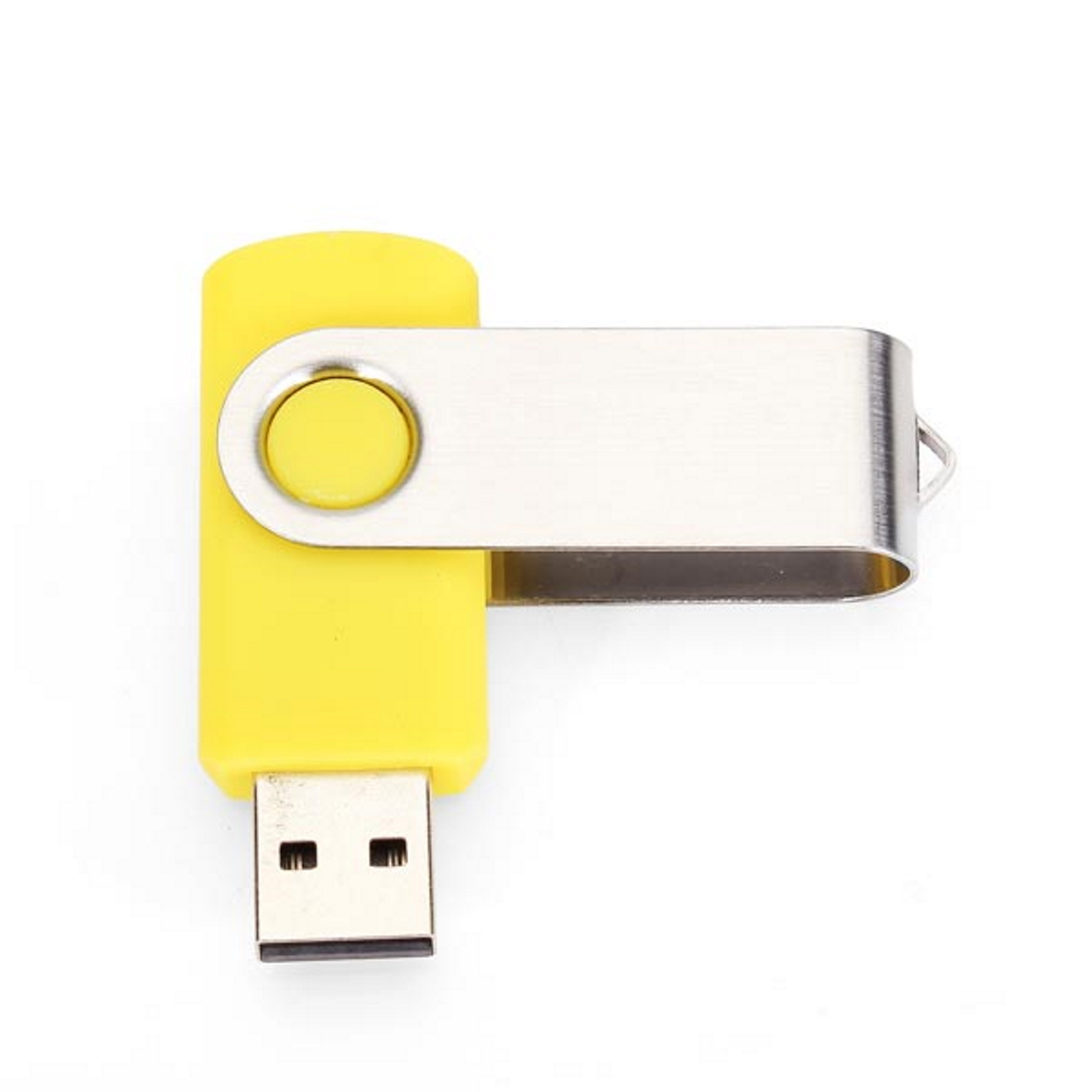 Gelber USB-Stick mit silberner Dreh-Abdeckung, isoliert auf weißem Hintergrund.