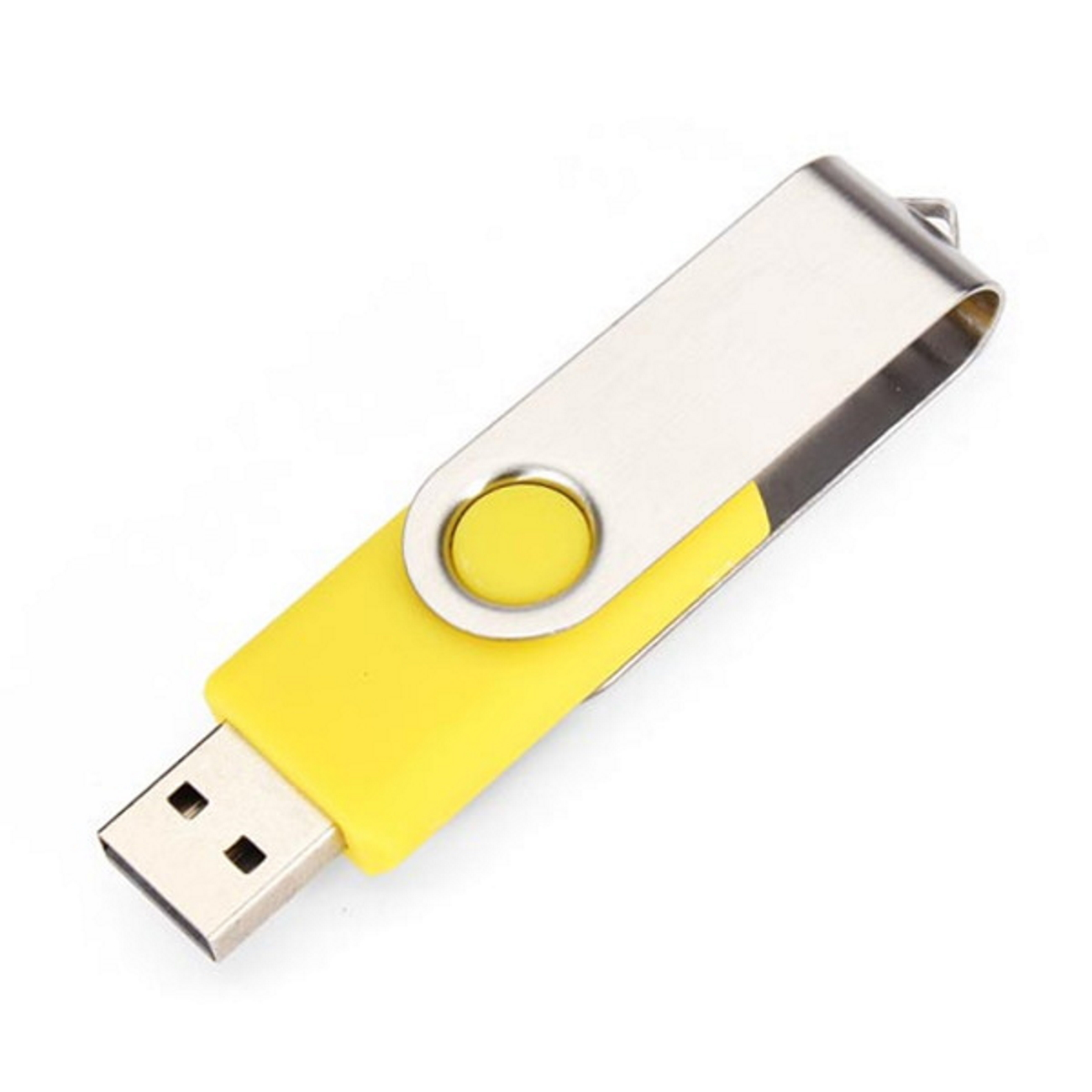 Gelber USB-Stick mit silbernem Oberteil auf weißem Hintergrund.