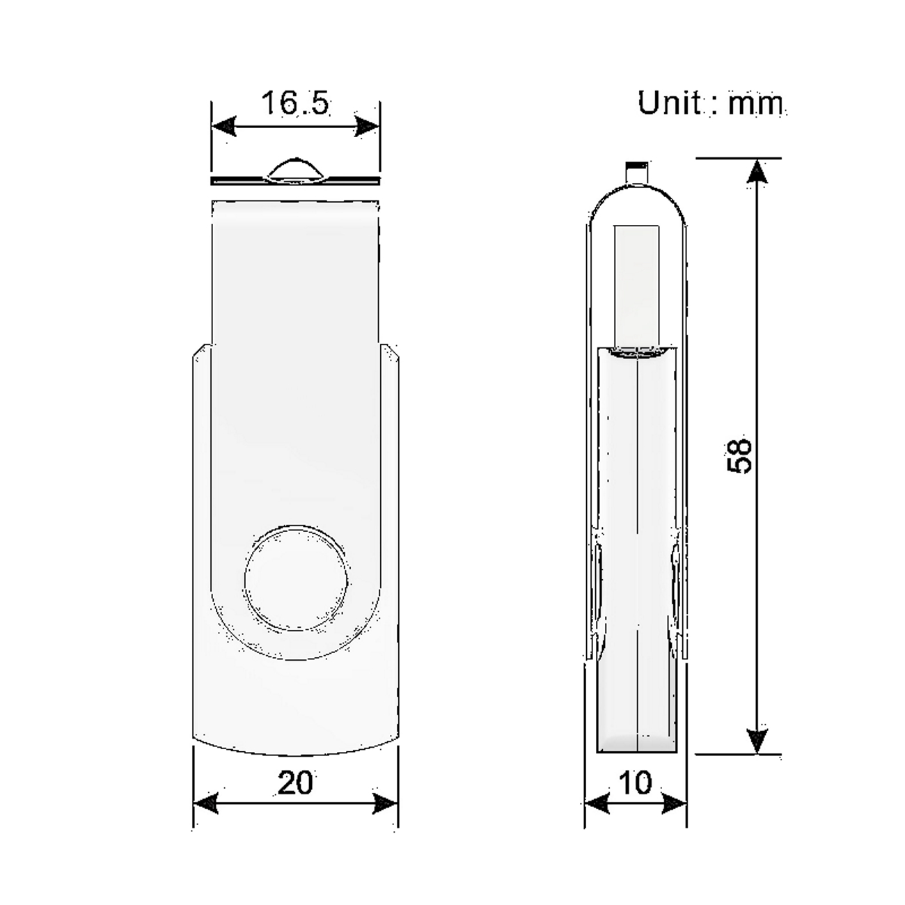 Diagramm eines USB-Laufwerks. Zeigt Abmessungen in mm. Seiten- und Vorderansicht.