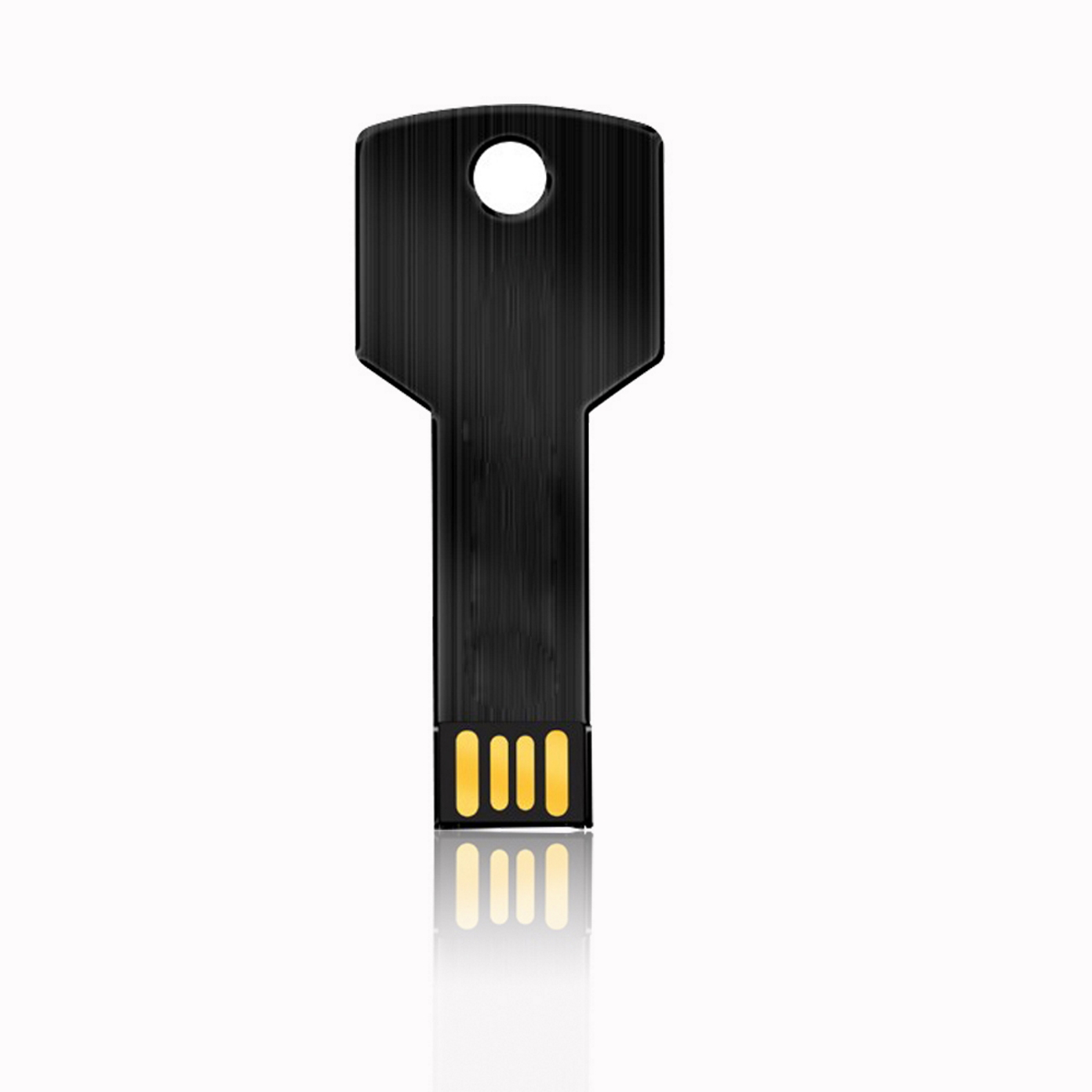 Schwarzer USB-Stick in Schlüsselform mit goldenem USB-Anschluss. Der Schlüssel hat ein Loch.