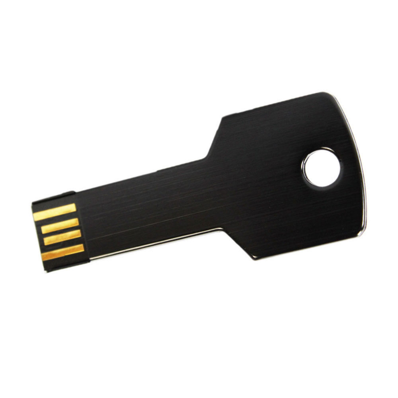 Schwarzer USB-Stick in Schlüsselform. Silberner USB-Anschluss. Weißer Hintergrund.