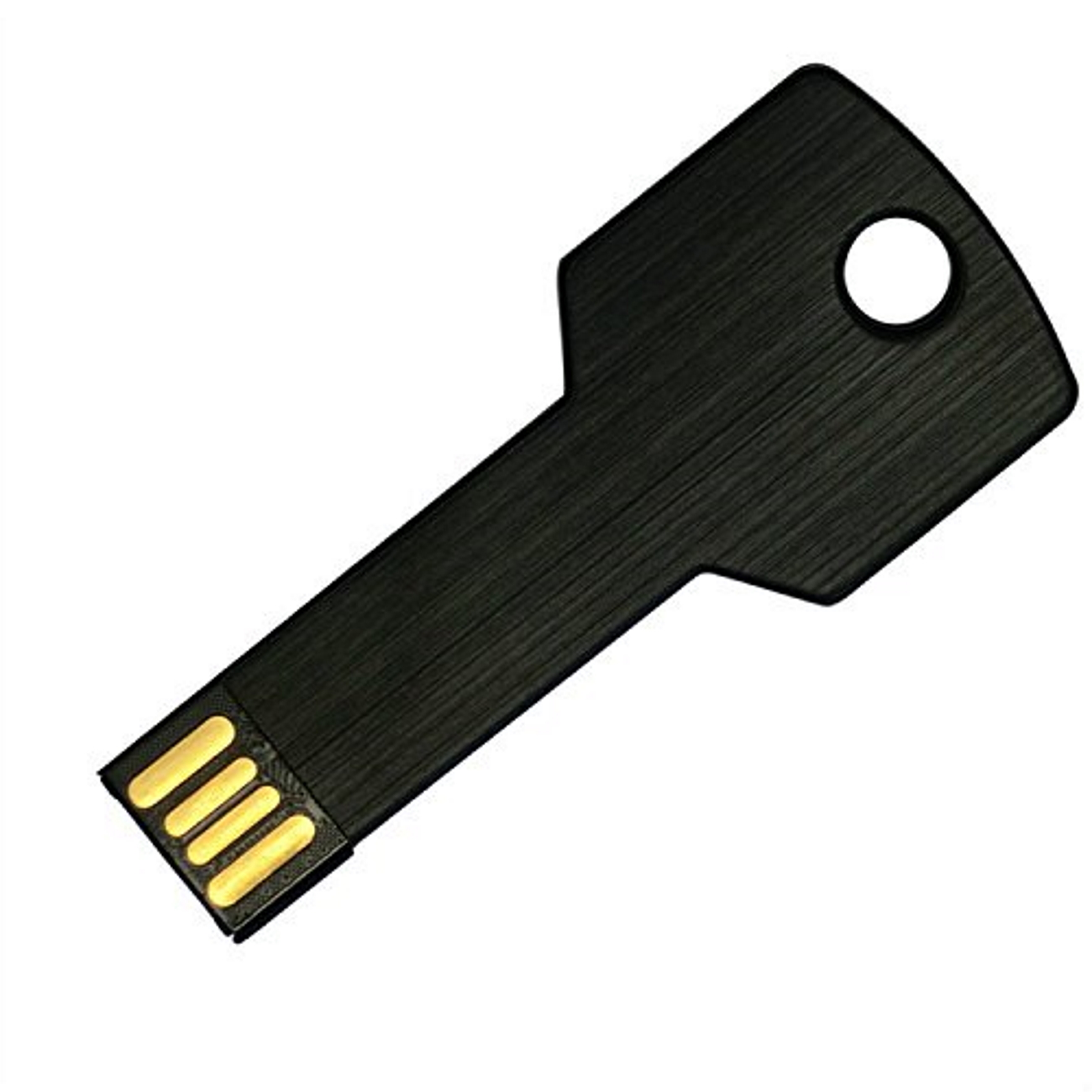 Schwarzer USB-Stick in Schlüsselform. Mit Loch oben, goldene Anschlüsse am Ende.
