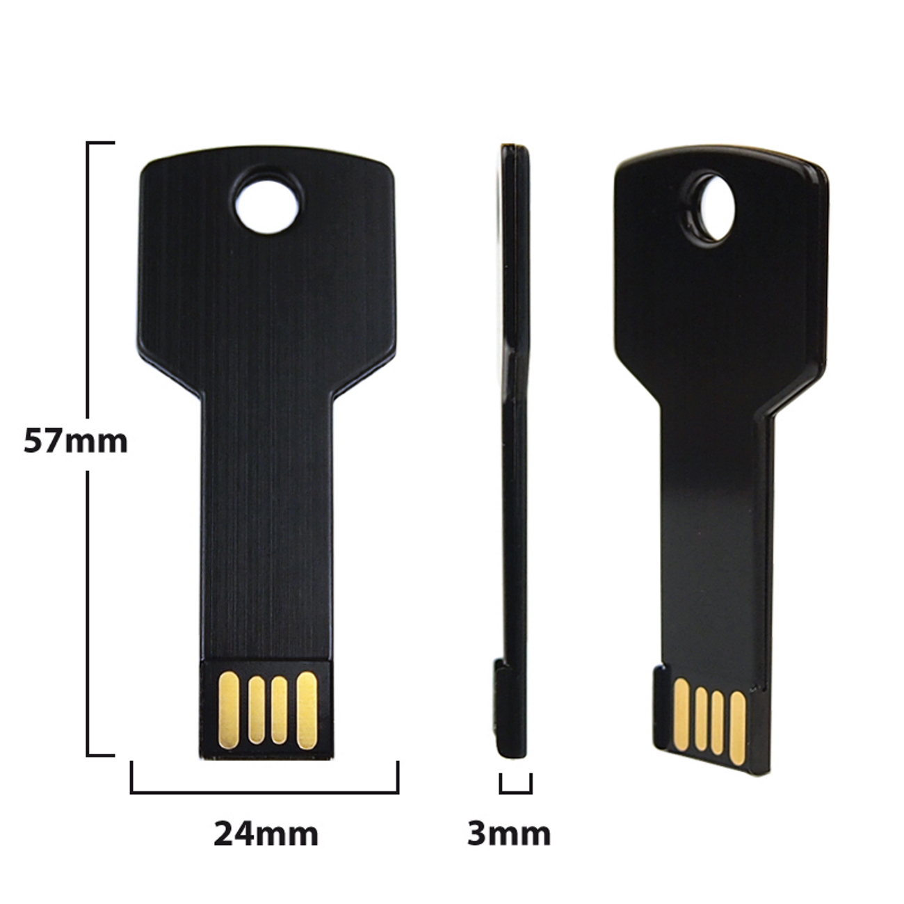 Drei schwarze USB-Sticks in Schlüsselform mit Maßen. Schlüsselform ist schwarz.