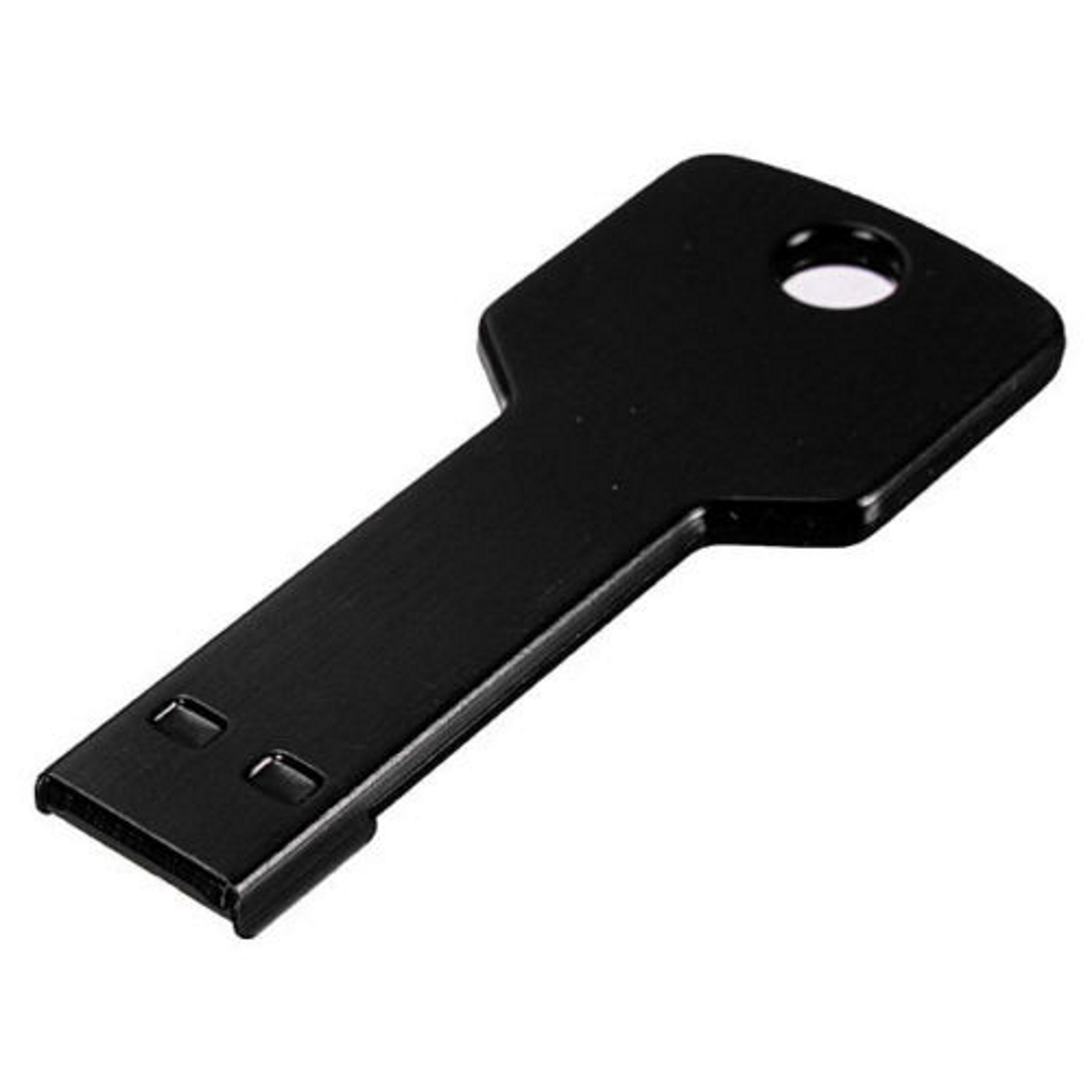 Schwarzer USB-Stick in Schlüsselform auf weißem Hintergrund.