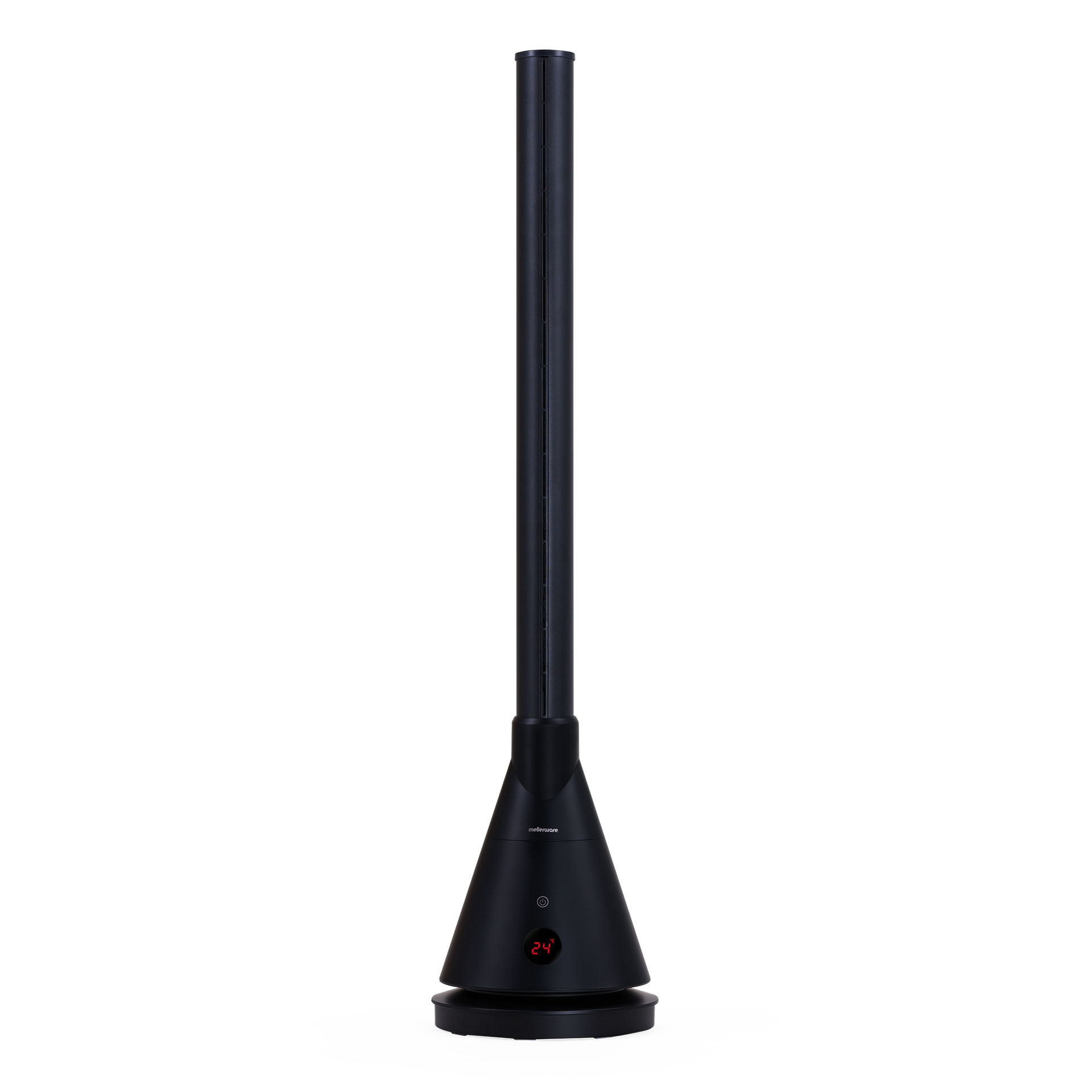 Ventilador de torre negro con pantalla digital, de pie sobre un fondo blanco.