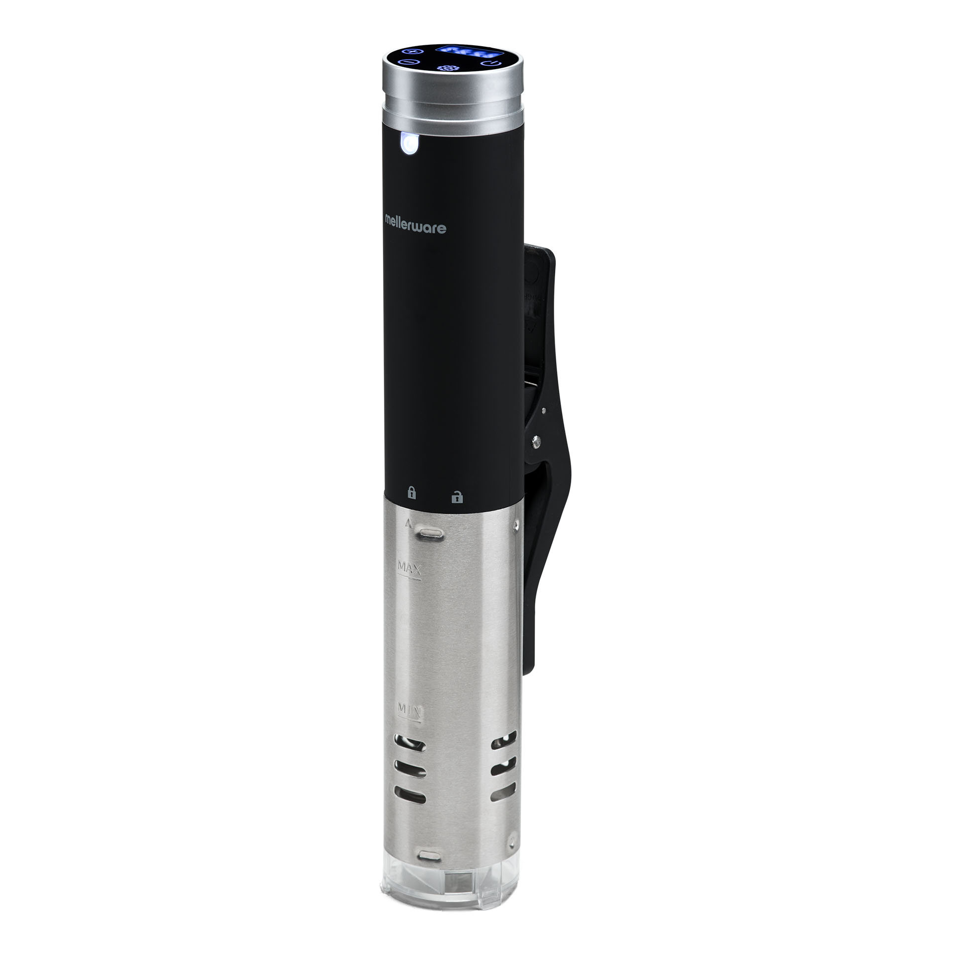 Circulador de sous vide negro y plateado. Tiene una pantalla digital y un clip para sujetar a una olla.