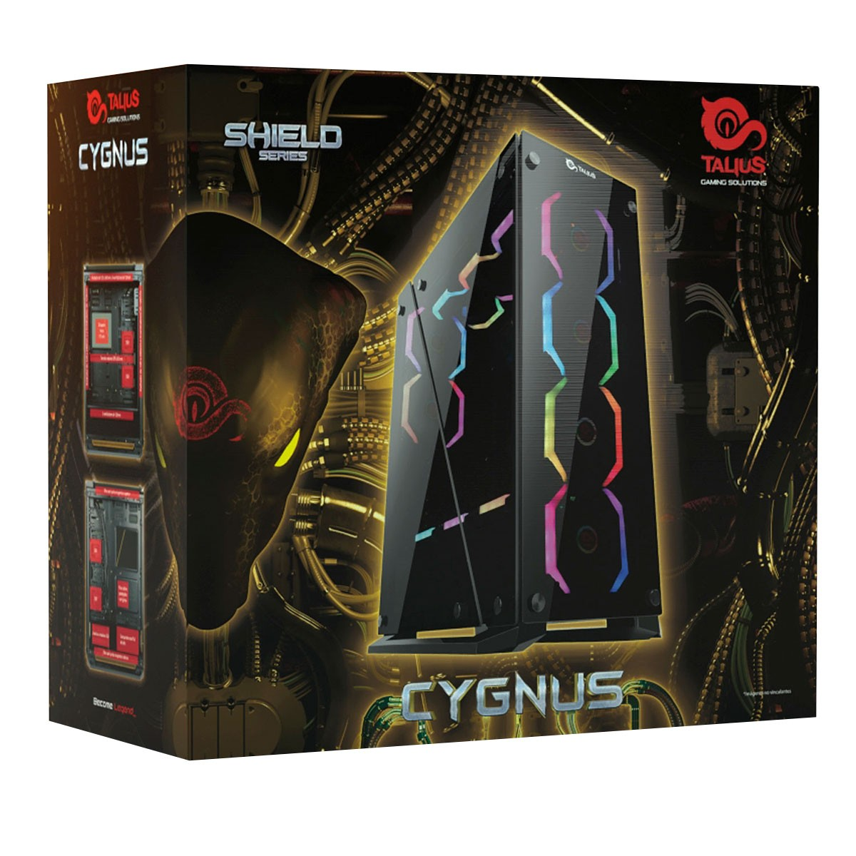 Una caja de ordenador con un ordenador para juegos dentro, con varios gráficos.