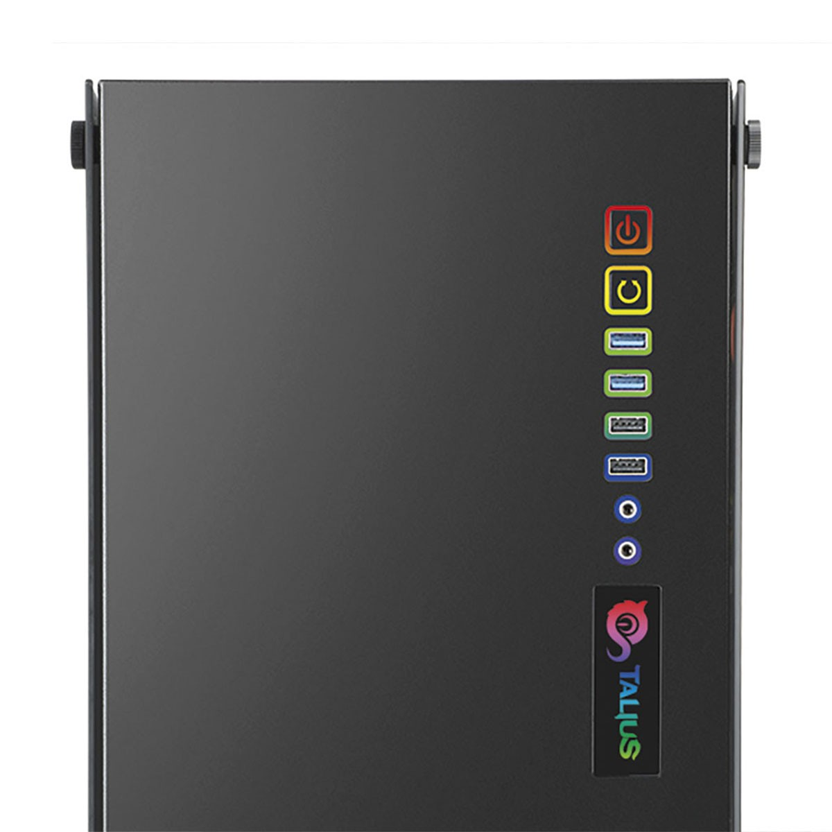 Case per computer nero con porte di alimentazione e USB. Il marchio è TALIUS.