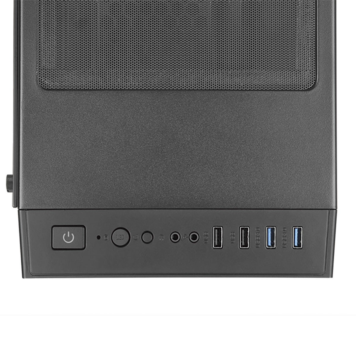 Pannello frontale del case del computer con pulsante di accensione, porte USB.
