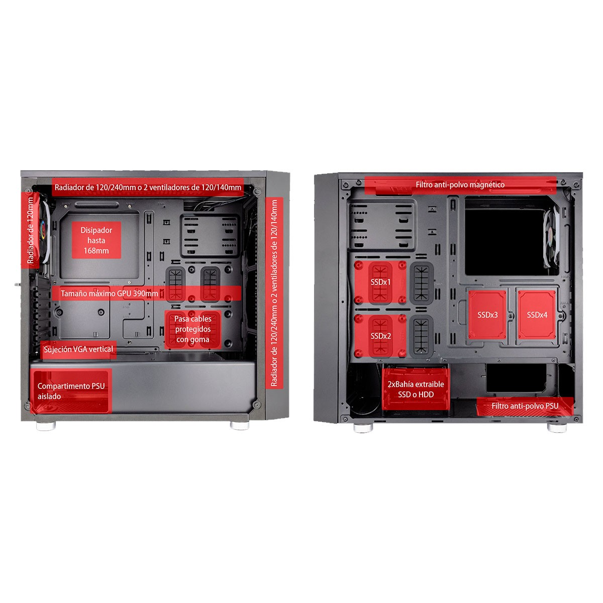 Interno del case del computer con parti etichettate, inclusi ventole, slot SSD e filtri antipolvere.