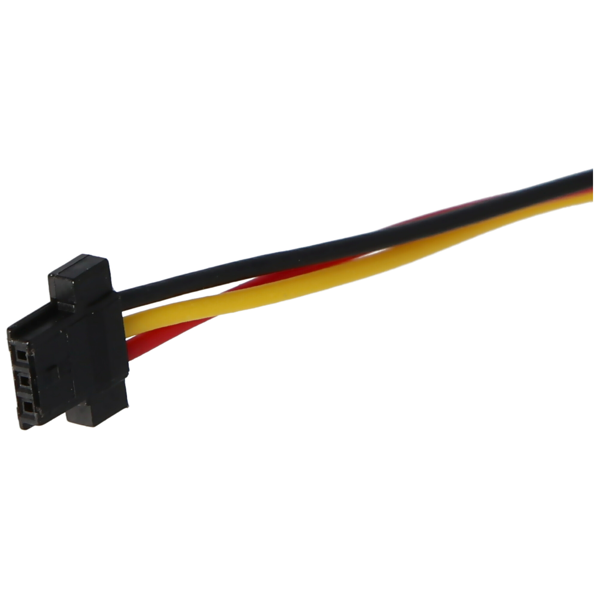 Zwarte connector met drie draden: zwart, geel en rood.