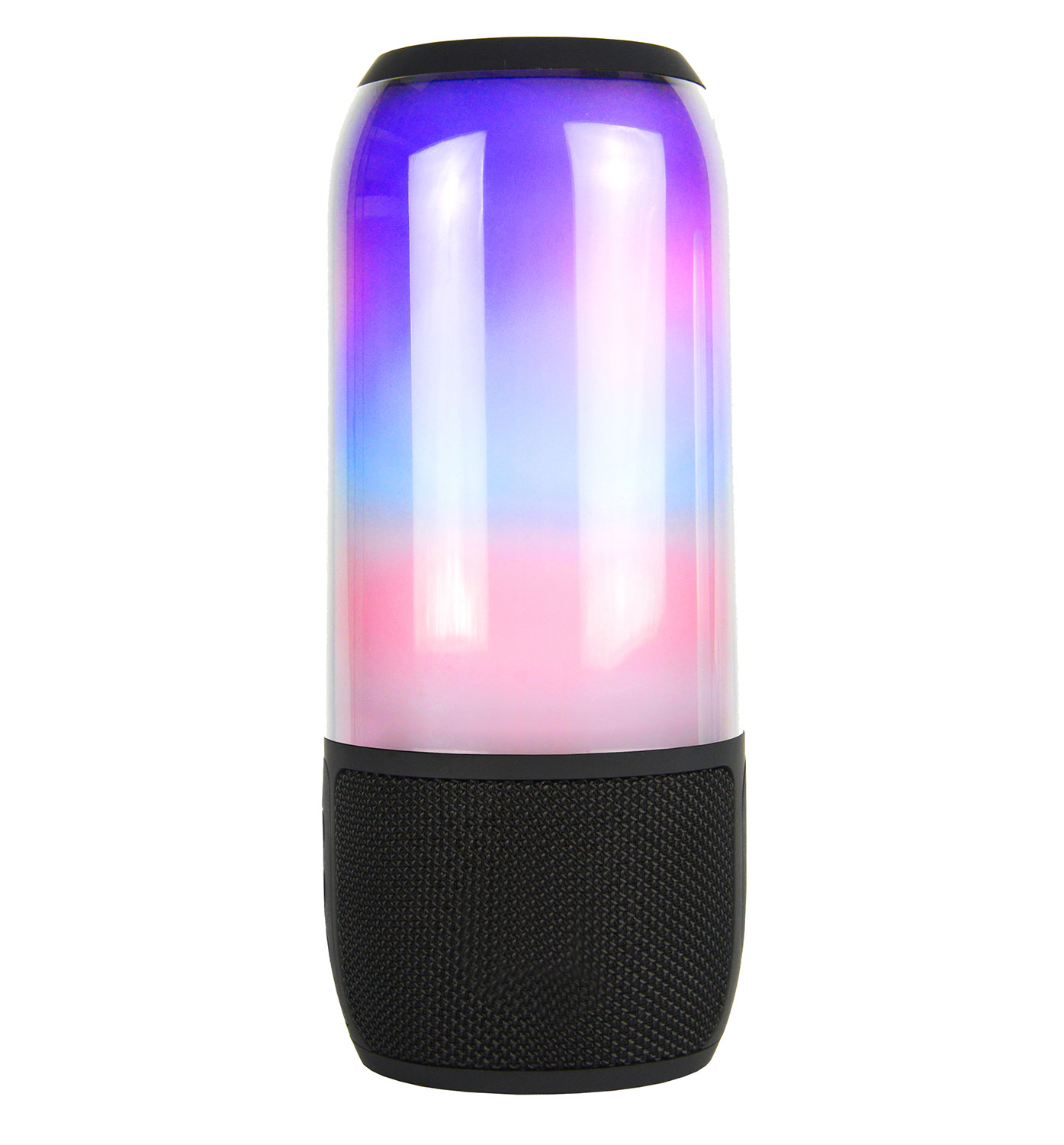 Cylindryczny głośnik ze zmieniającymi kolor światłami na górze i czarną podstawą.