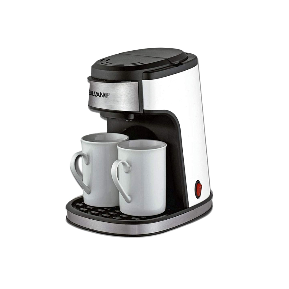 Una cafetera pequeña blanca y plateada con dos tazas blancas en una bandeja. Tiene un botón rojo de encendido.