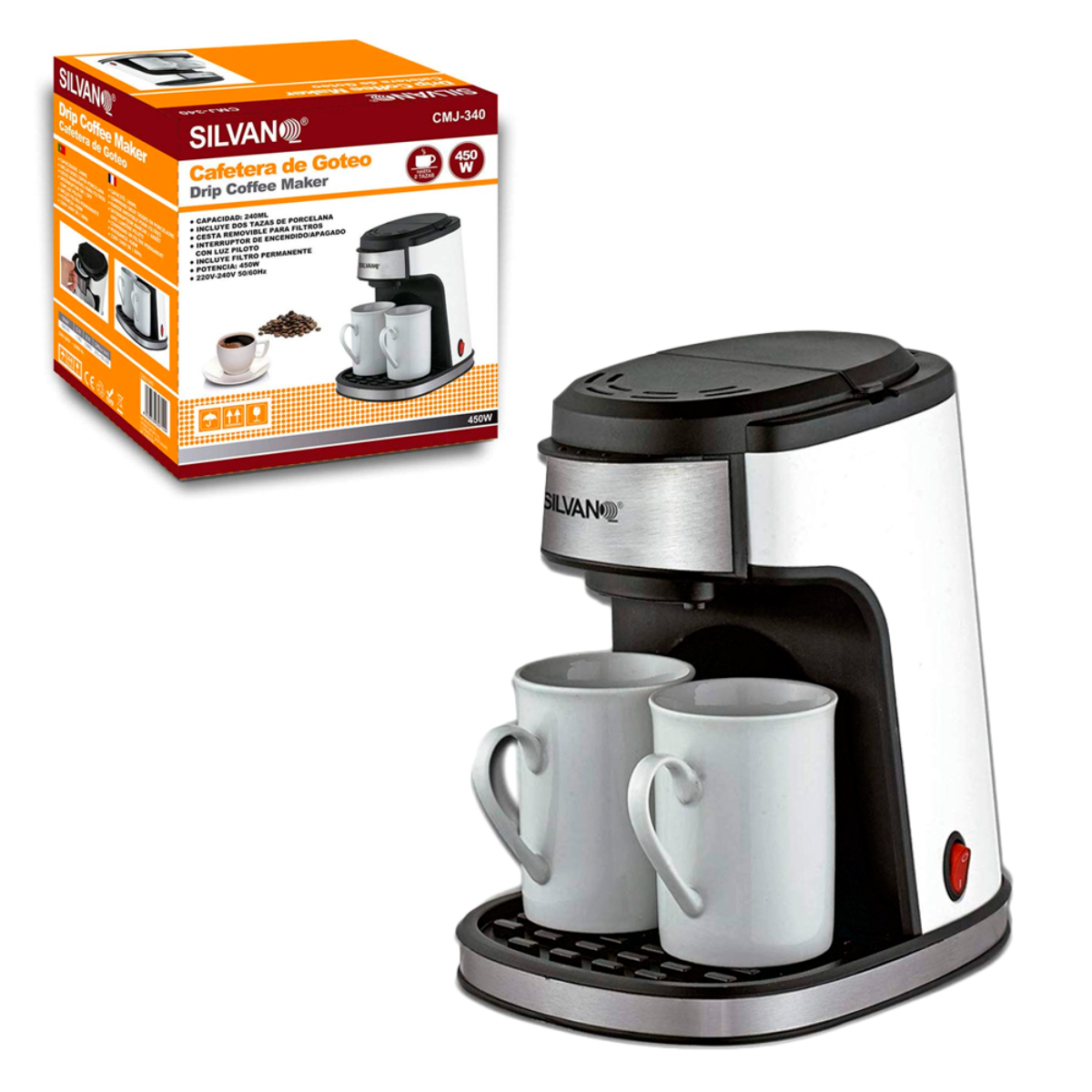 Cafetera con dos tazas blancas y una caja con granos de café.