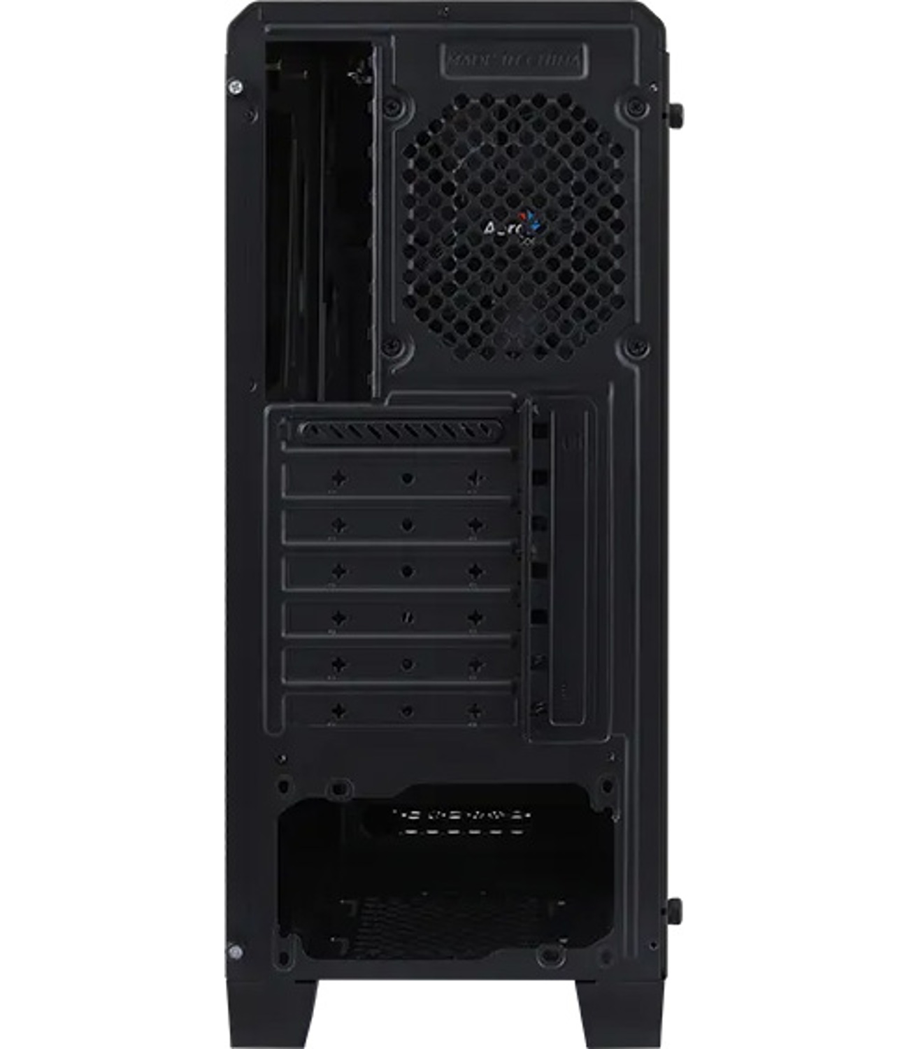 Rückseite eines schwarzen Computergehäuses mit Lüfter, verschiedene Öffnungen und Anschlüsse sichtbar.
