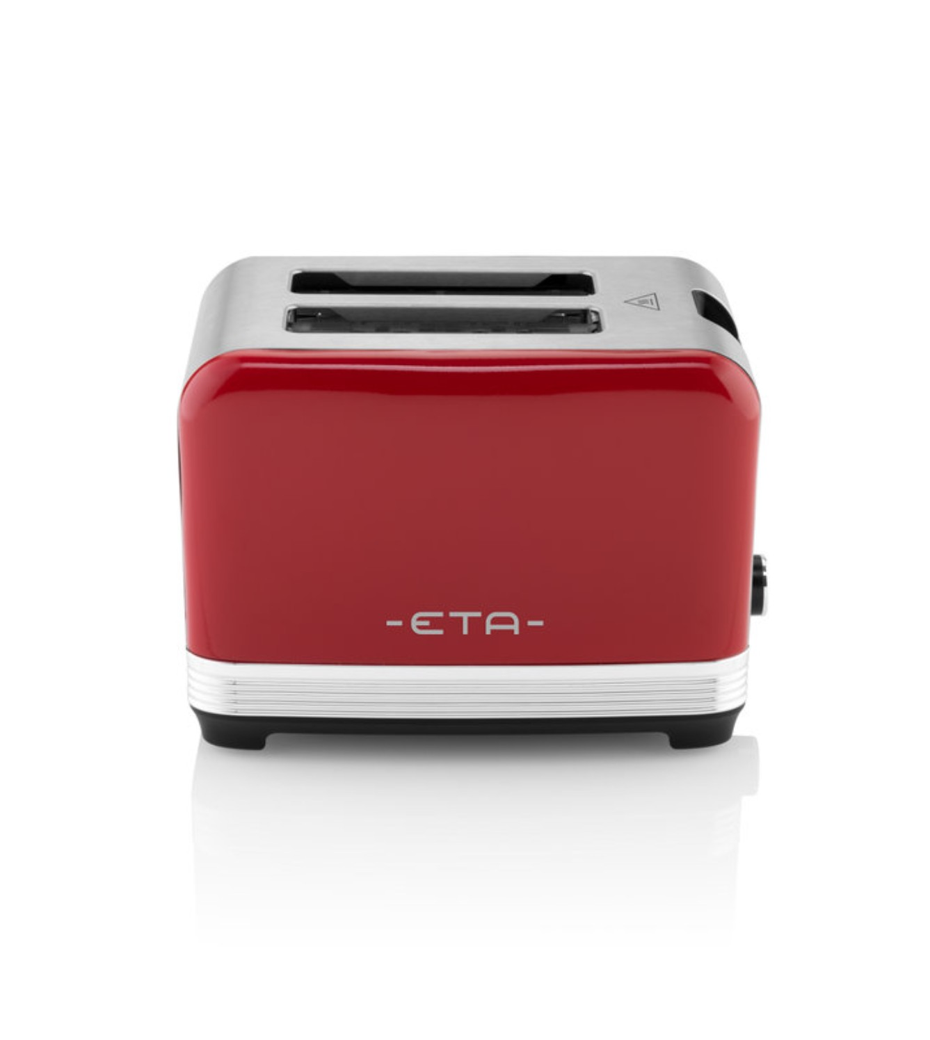Ein roter und silberner Toaster mit dem ETA-Logo auf weißem Hintergrund.