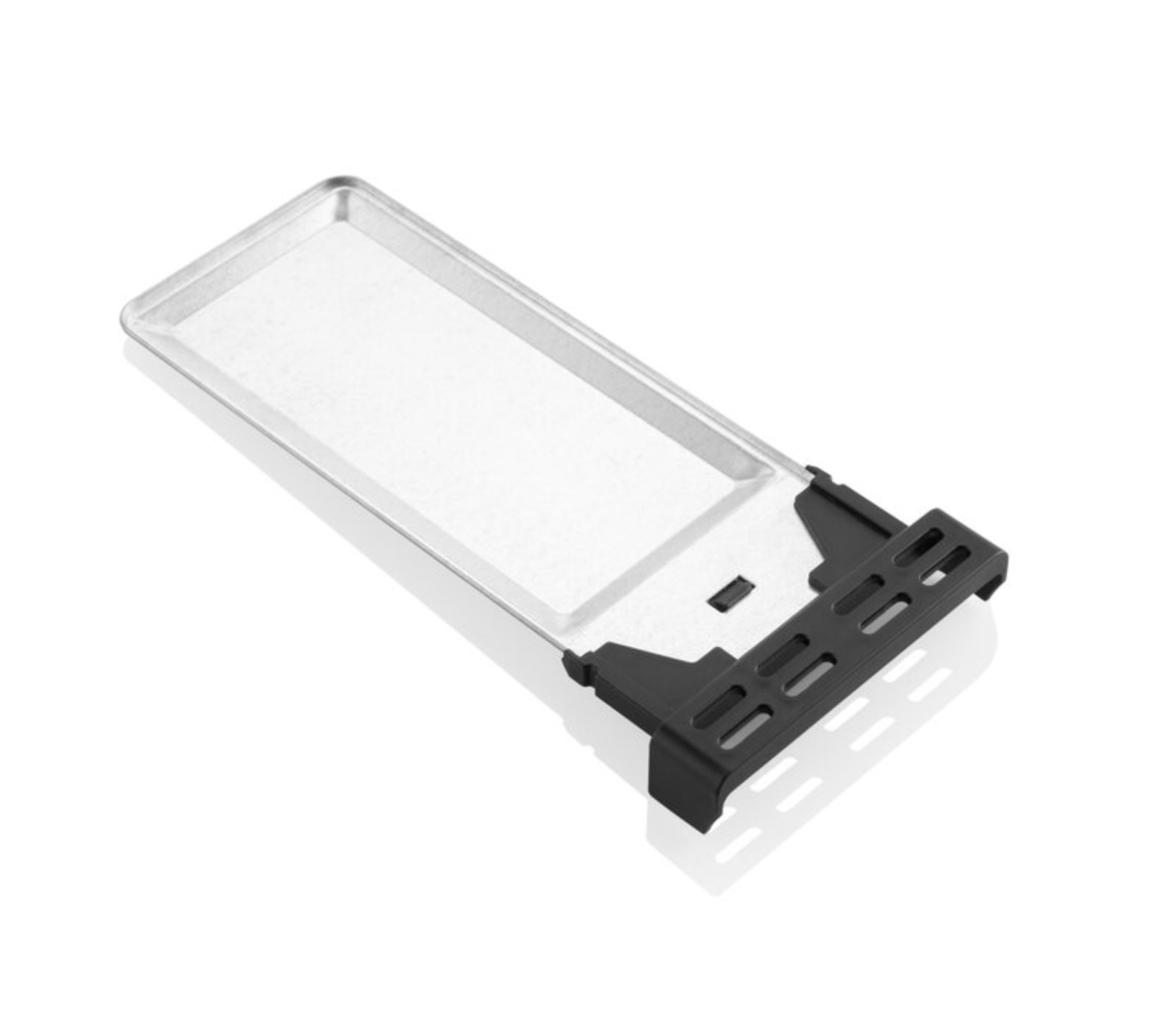 Silberne Ablage mit schwarzem Clip.