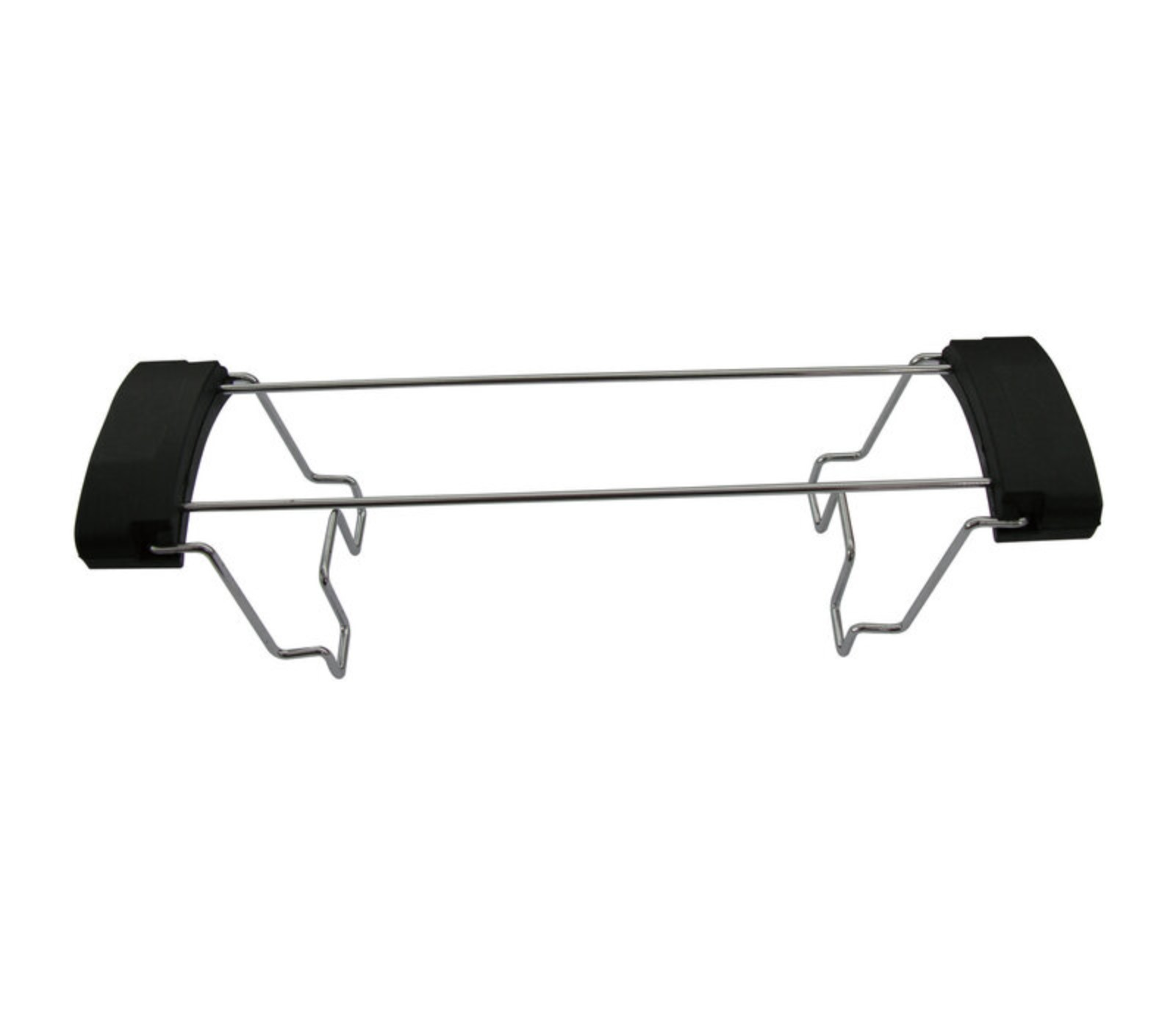 Silbernes und schwarzes Metallgestell. Gebogene schwarze Enden und zwei parallele Stangen.