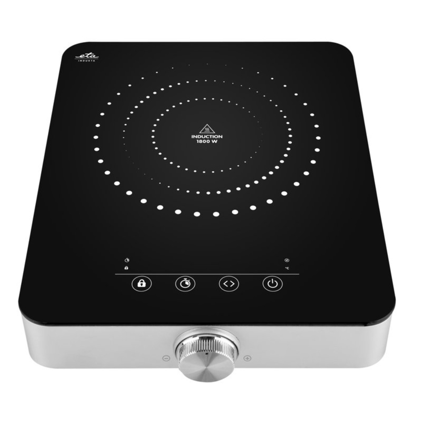 Piano cottura a induzione nero con cerchio a pois bianchi, base argentata e pannello comandi con icone touch.