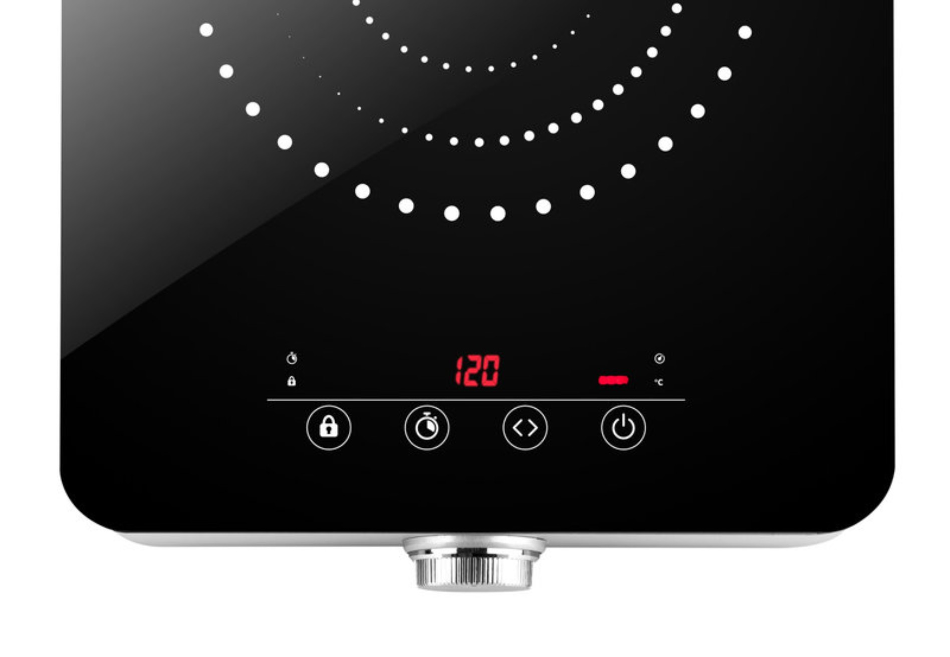 Pannello di controllo digitale nero con pulsanti e un display che mostra il numero 120.