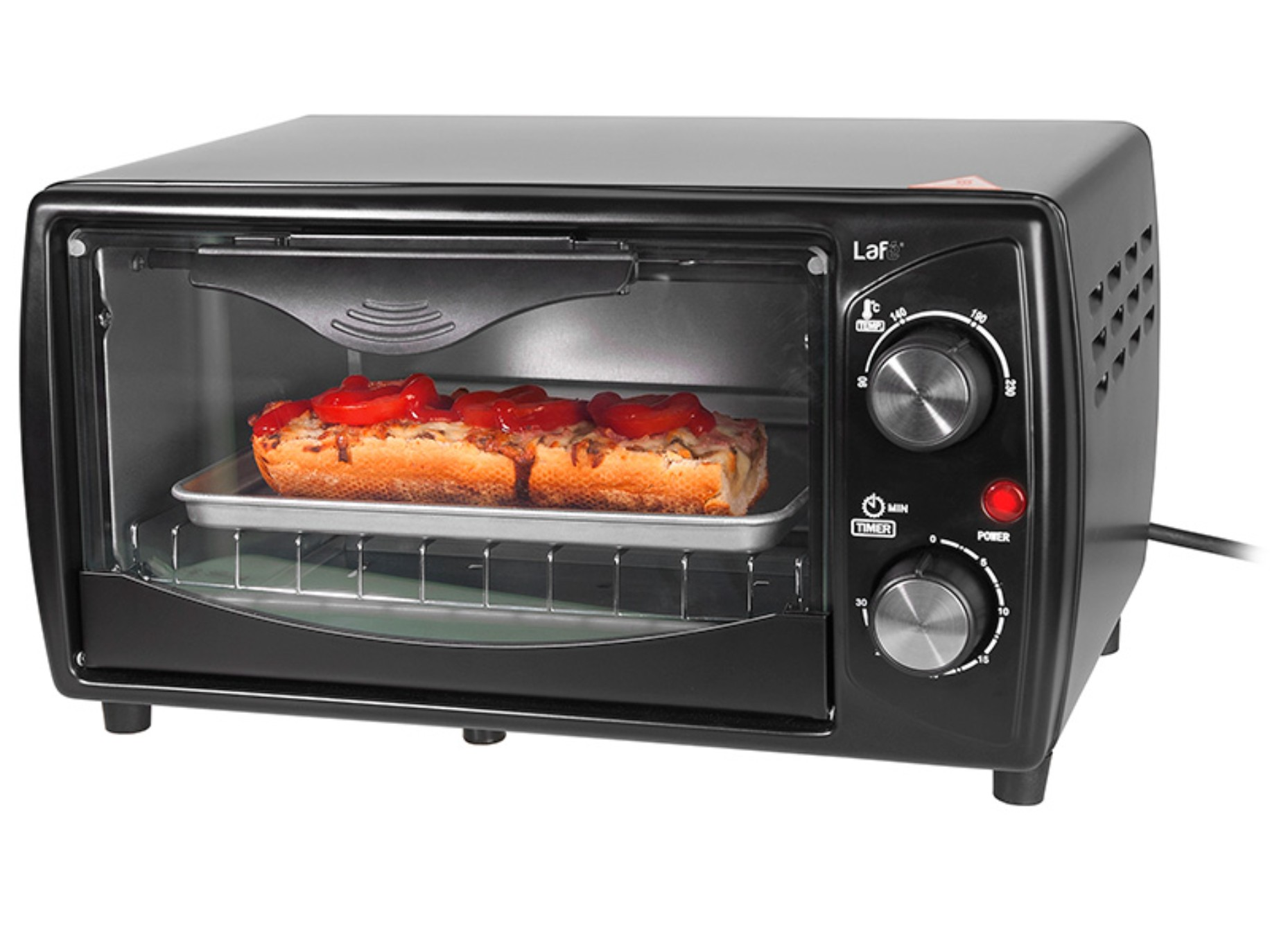 Forno tostapane nero con cibo all'interno. Due fette di pane con condimenti su un vassoio.