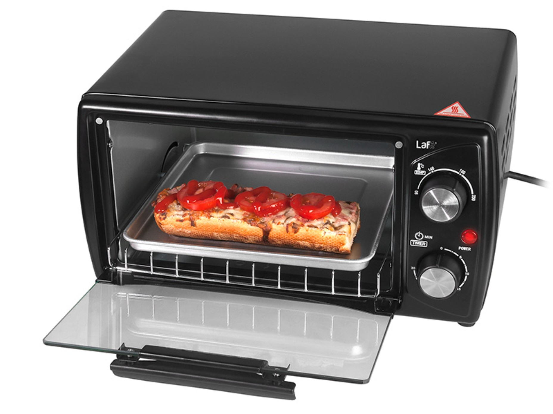 Forno tostapane nero con pizza all'interno. Porta aperta, comandi a destra.