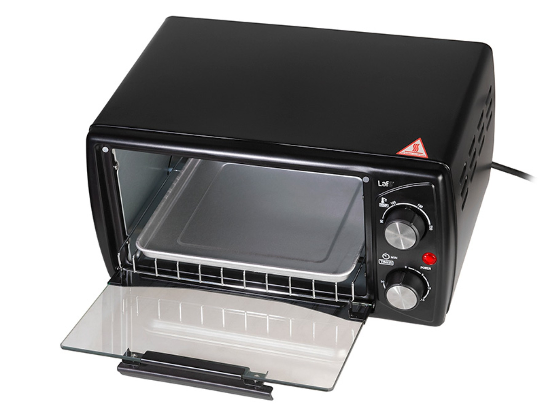 Forno tostapane nero con porta aperta, vassoio e comandi.