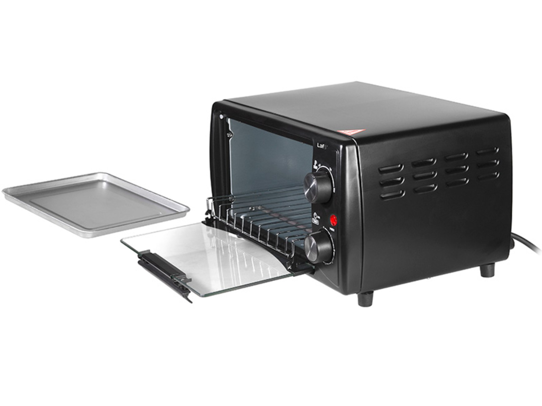 Forno tostapane nero con porta a vetri aperta e vassoio.