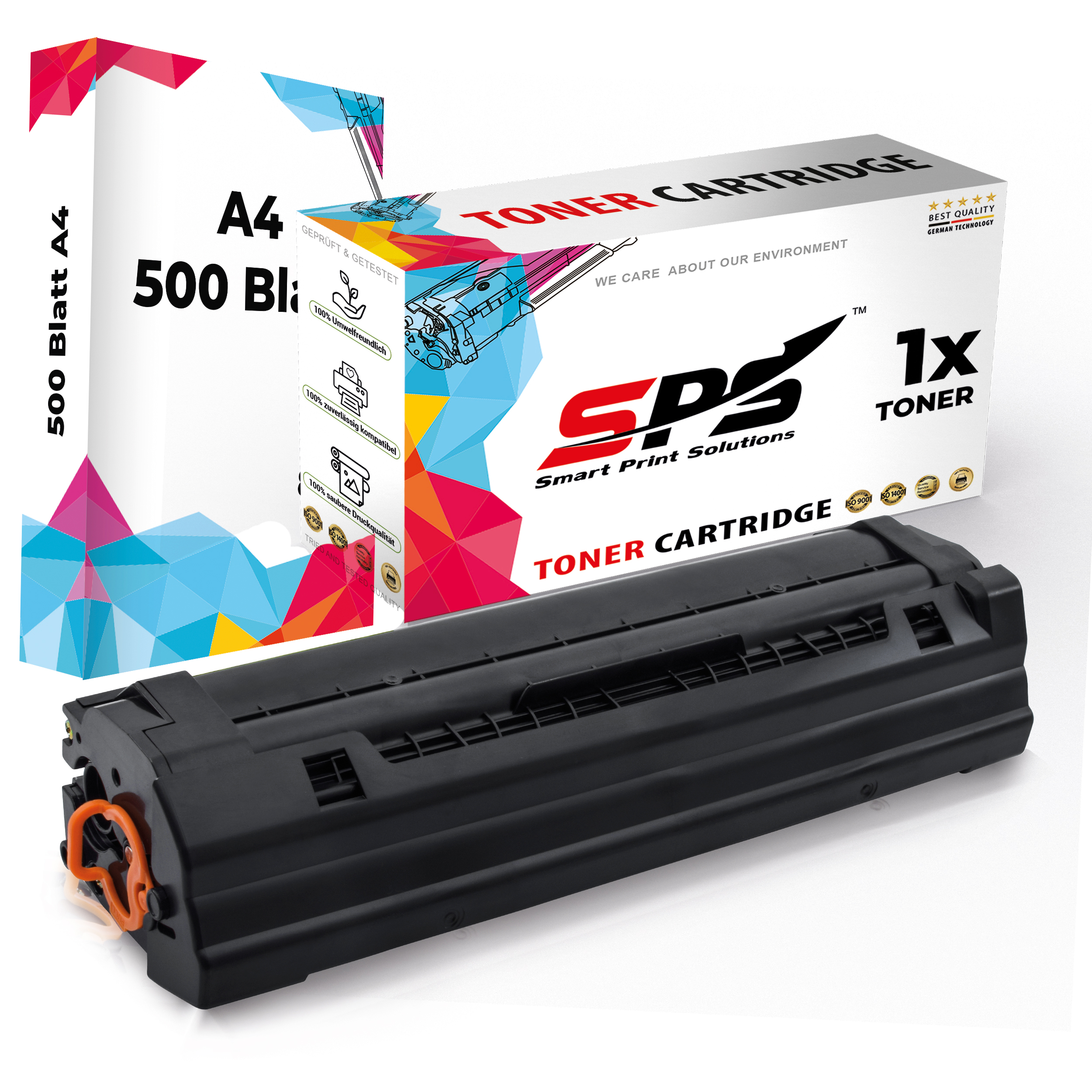 Tonerkartusche und Papierbox. Die Box zeigt die Marke 'SPS' und 'Tonerkartusche'. Der Toner ist schwarz.