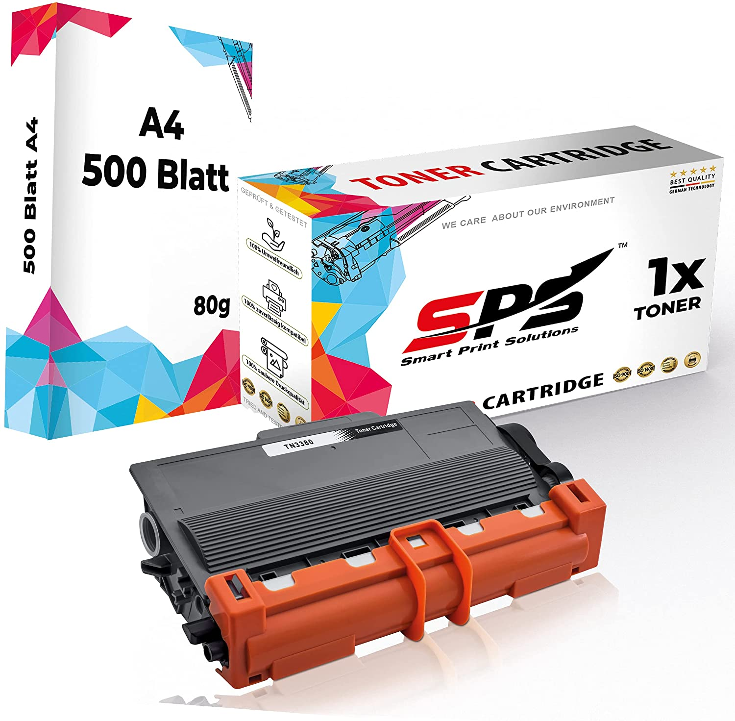Tonerkartusche und Papierbox. Die Box zeigt die Marke 'SPS'. Der Toner ist grau und orange.