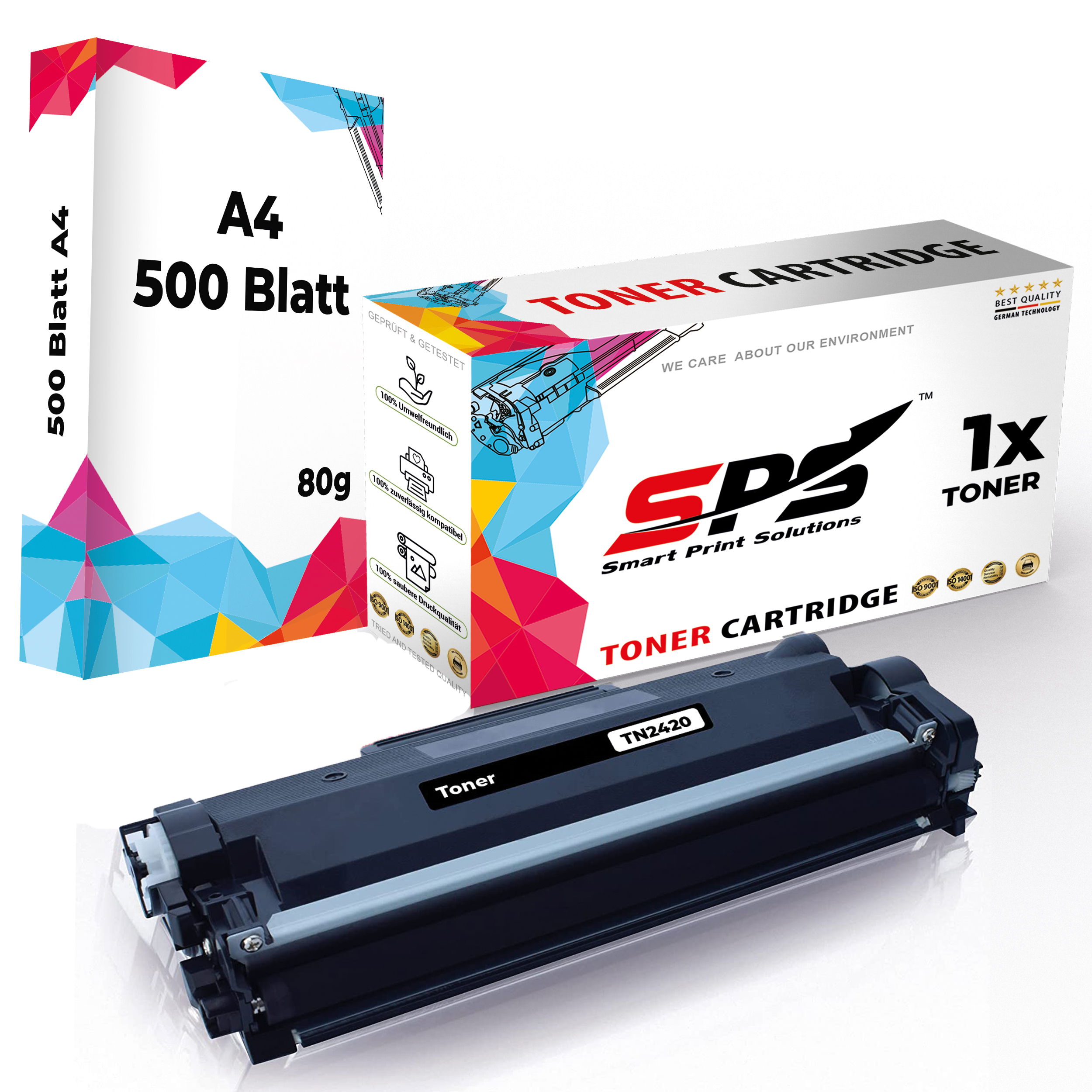 Eine schwarze Tonerkartusche mit einer Box mit der Aufschrift 'TONER CARTRIDGE' und einem Papierstapel.
