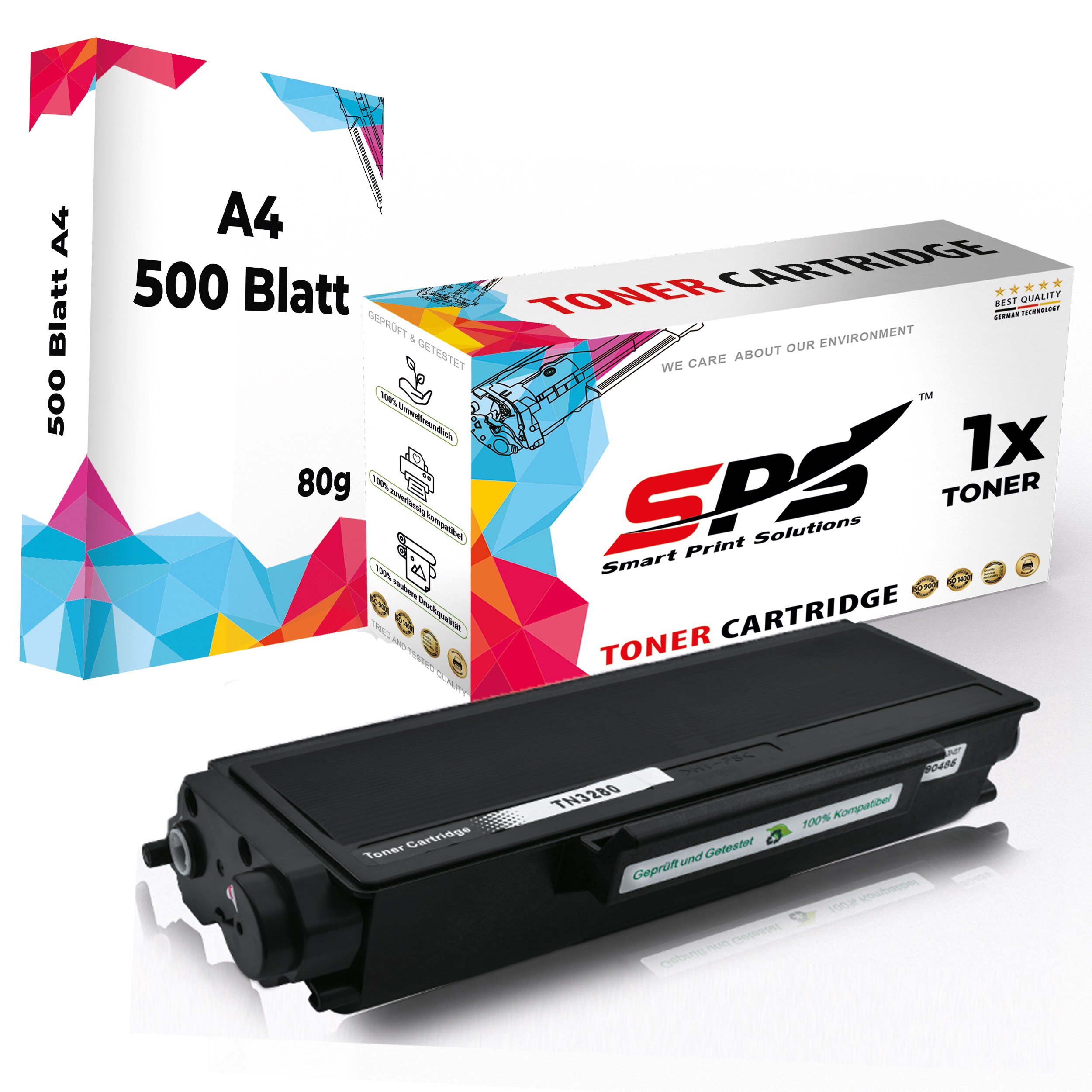 Eine Tonerkartusche und eine Box mit der Aufschrift 'TONER CARTRIDGE' und einem Papierstapel.