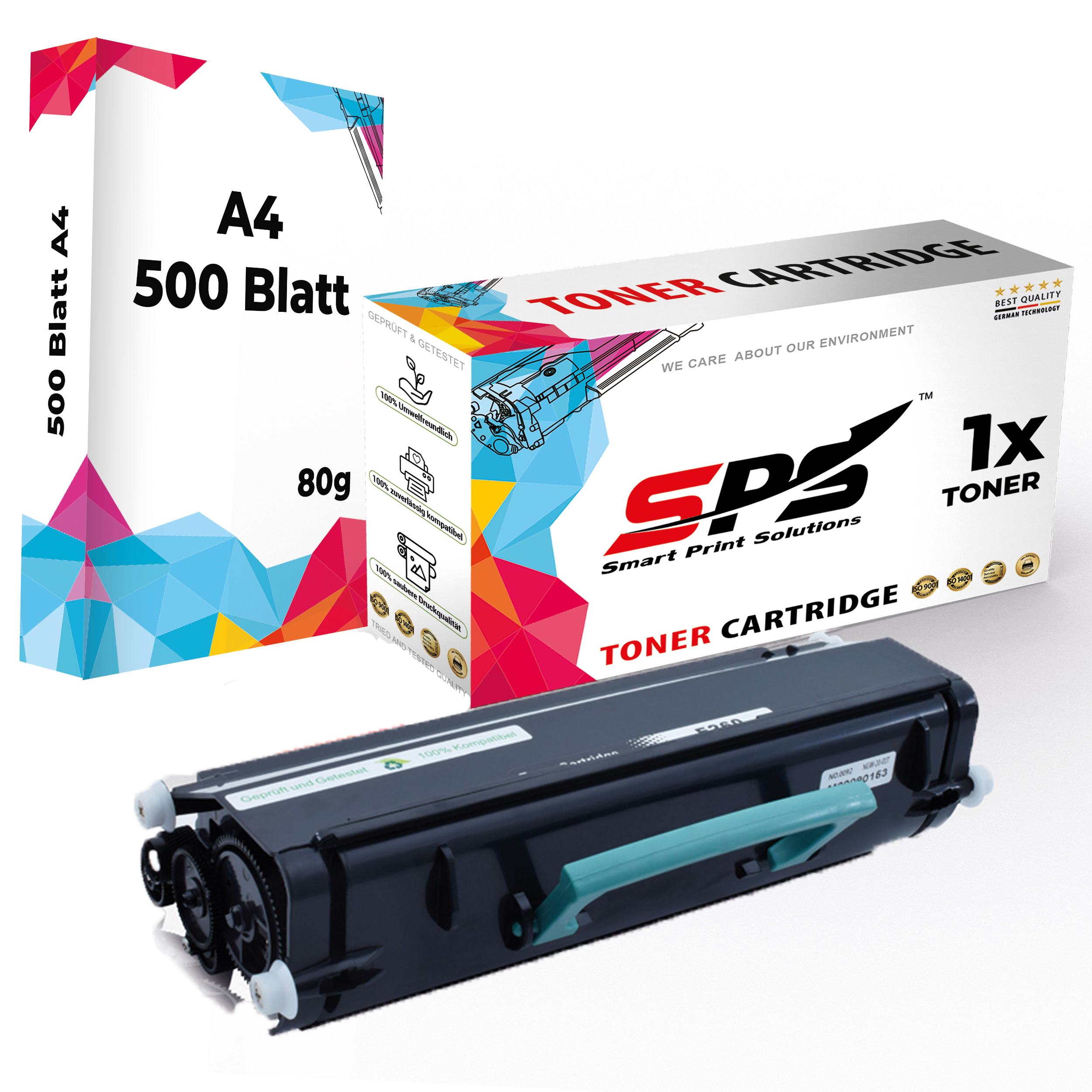 Tonerkartusche mit Karton. Auf dem Karton steht 'Toner Cartridge' und 'Smart Print Solutions'.