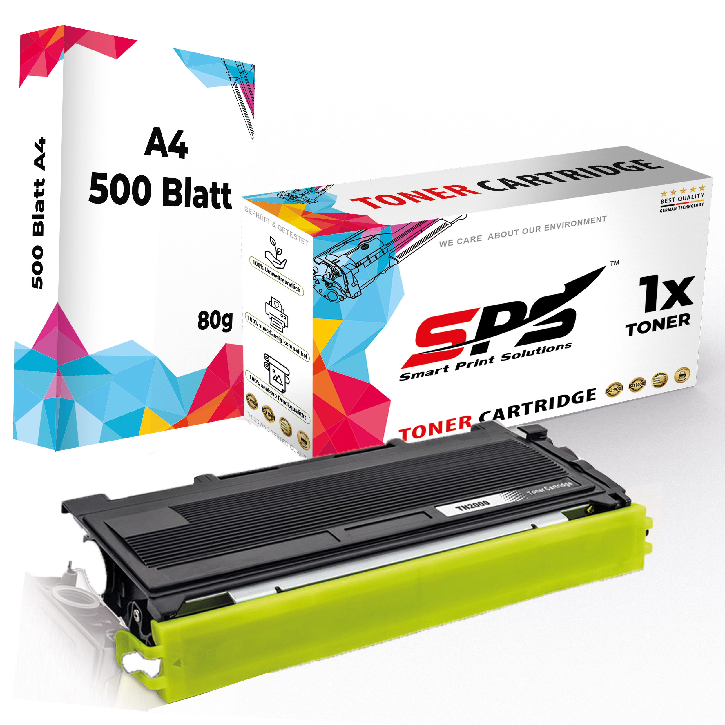 Tonerkartusche und Papierbox. Die Box zeigt die Marke 'SPS'. Der Toner ist schwarz und gelb.