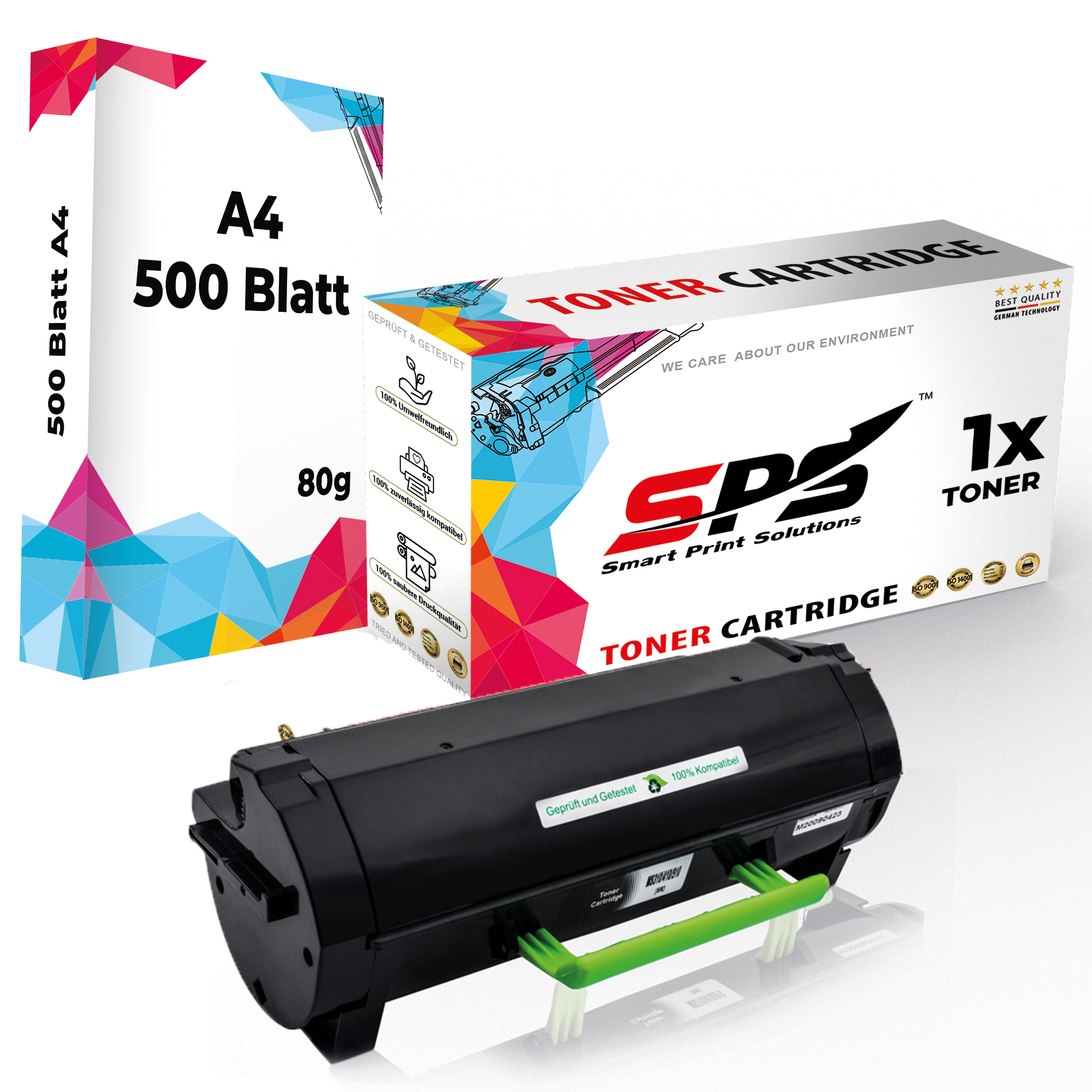 Tonerkartusche und Papierbox. Die Box zeigt die Marke 'SPS'. Der Toner ist schwarz und grün.