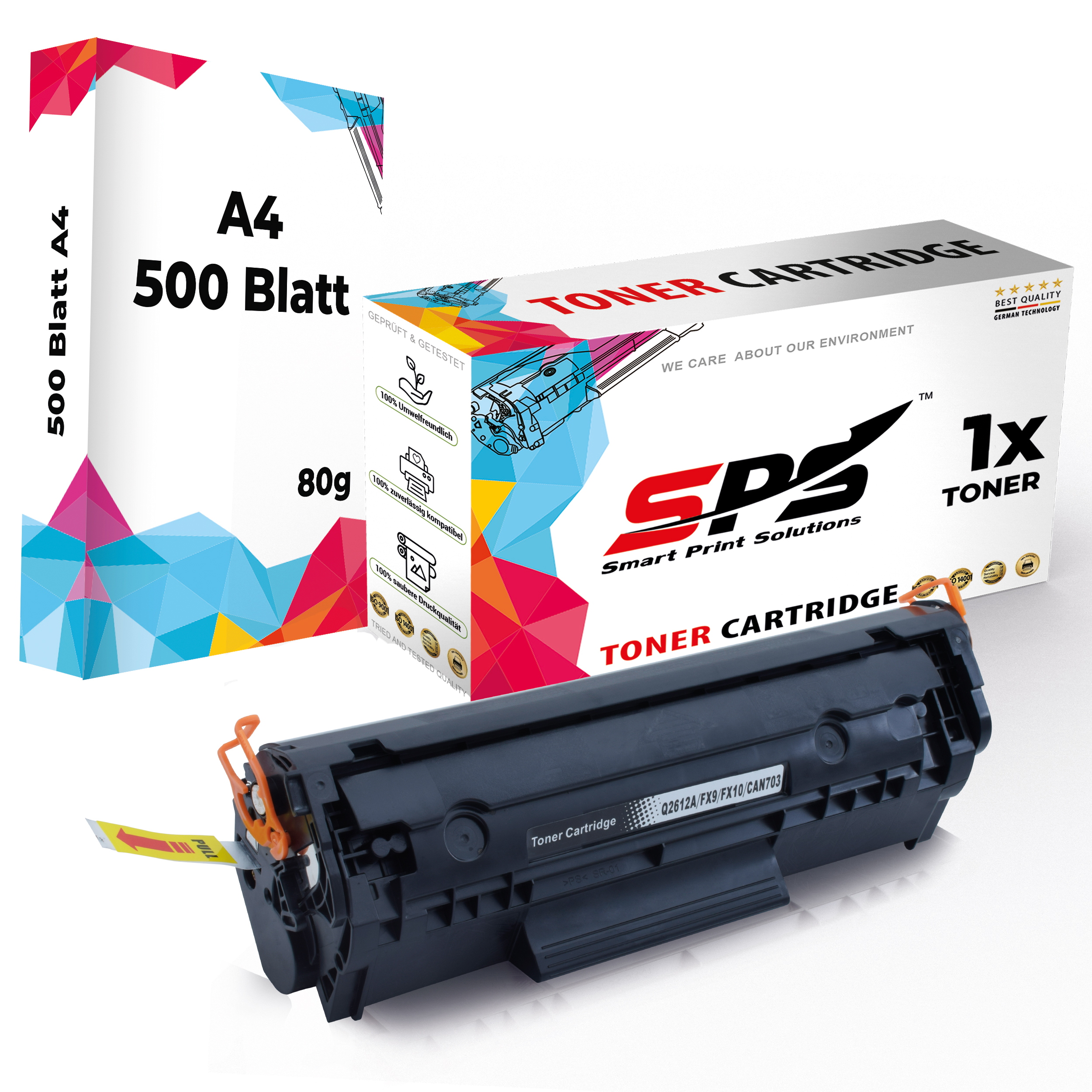 Tonerkartusche und Papierbox. Die Box zeigt die Marke 'SPS'. Der Toner ist schwarz und orange.