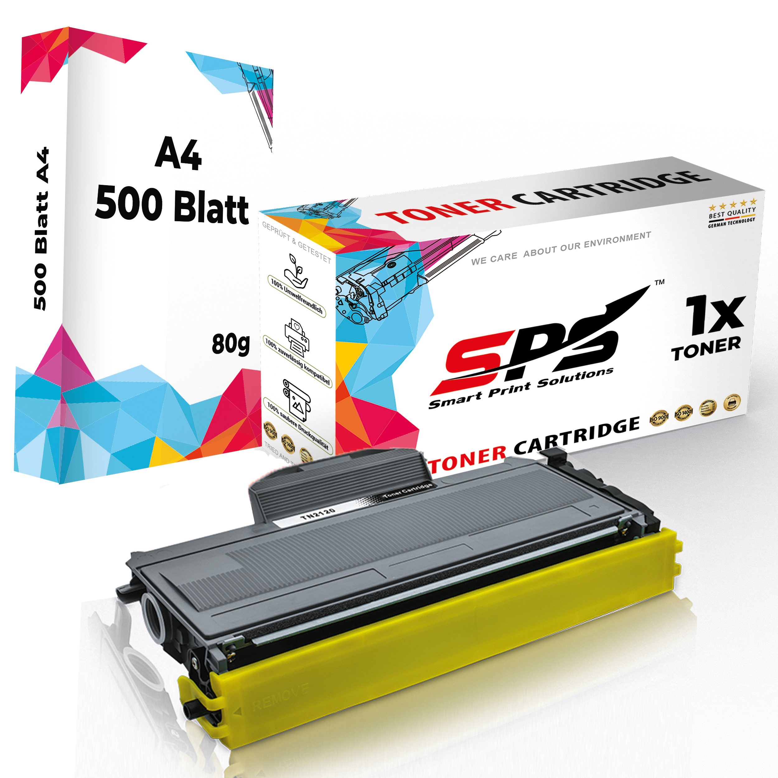 Eine schwarz-gelbe Tonerkartusche mit einer Box mit der Aufschrift 'TONER CARTRIDGE' und einem Papierstapel.