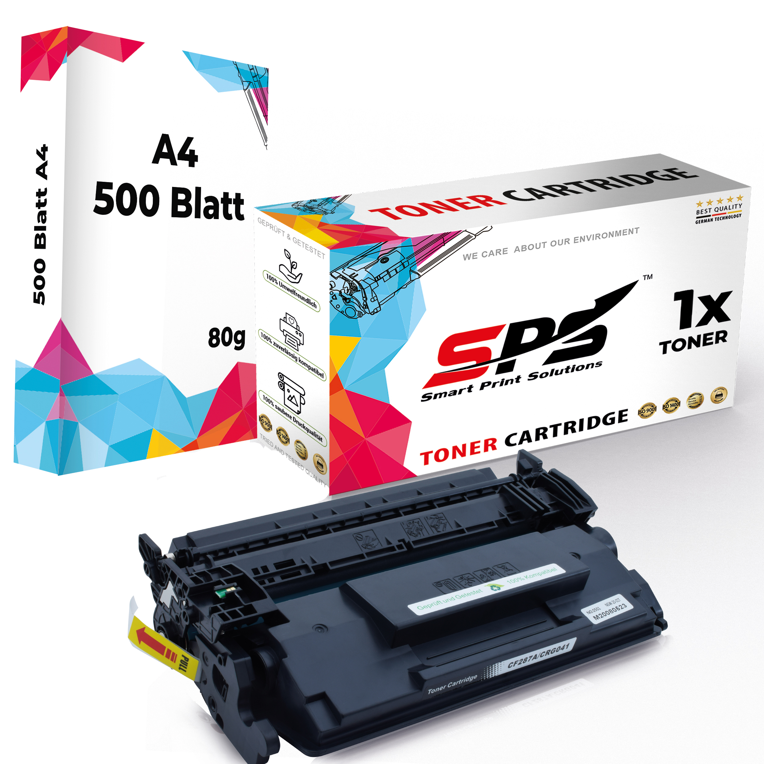 Tonerpatronenbox und -patrone. Box ist weiß mit farbenfrohem Design, Patrone ist schwarz.