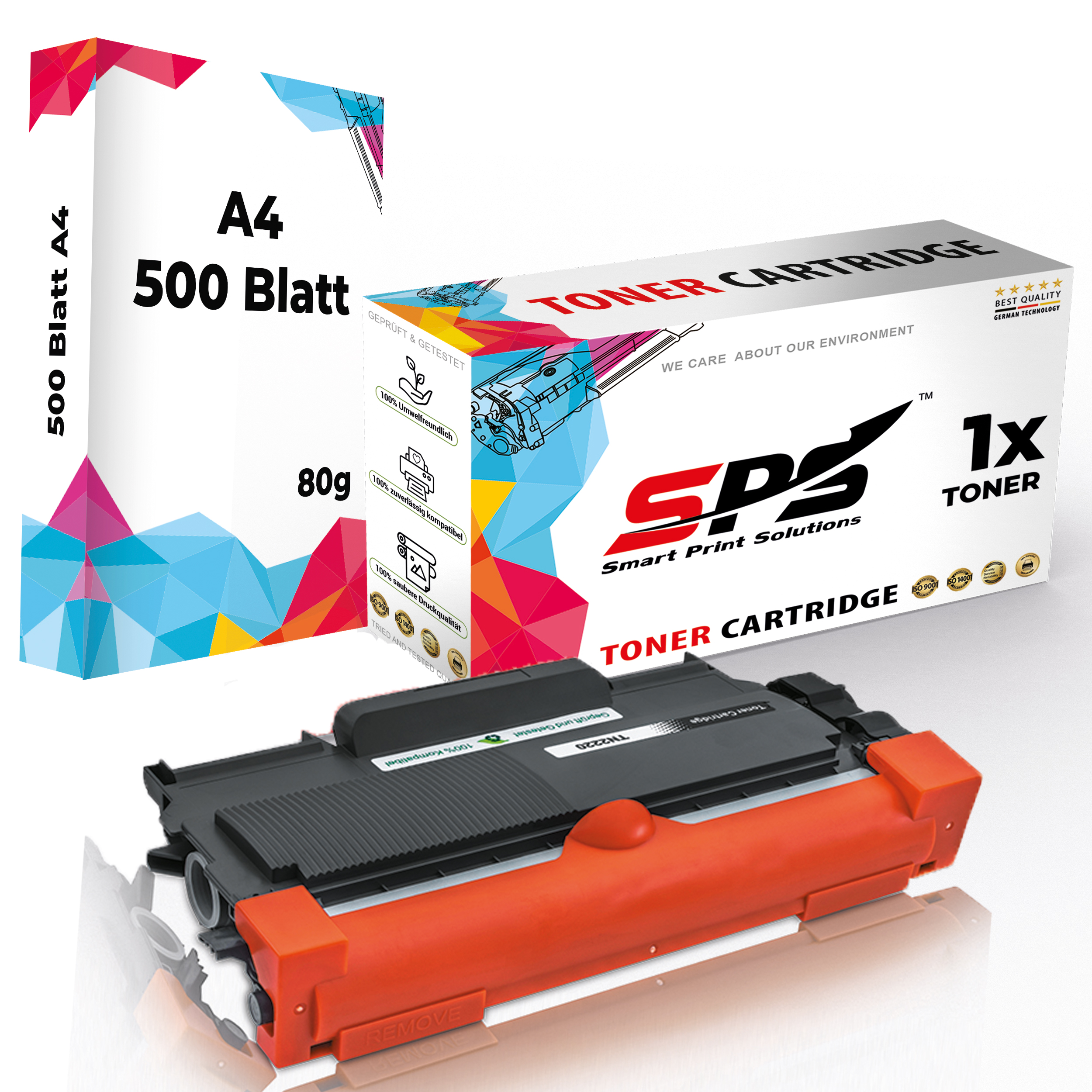 Tonerkartusche und Papierbox. Die Box zeigt die Marke 'SPS'. Der Toner ist schwarz und orange.