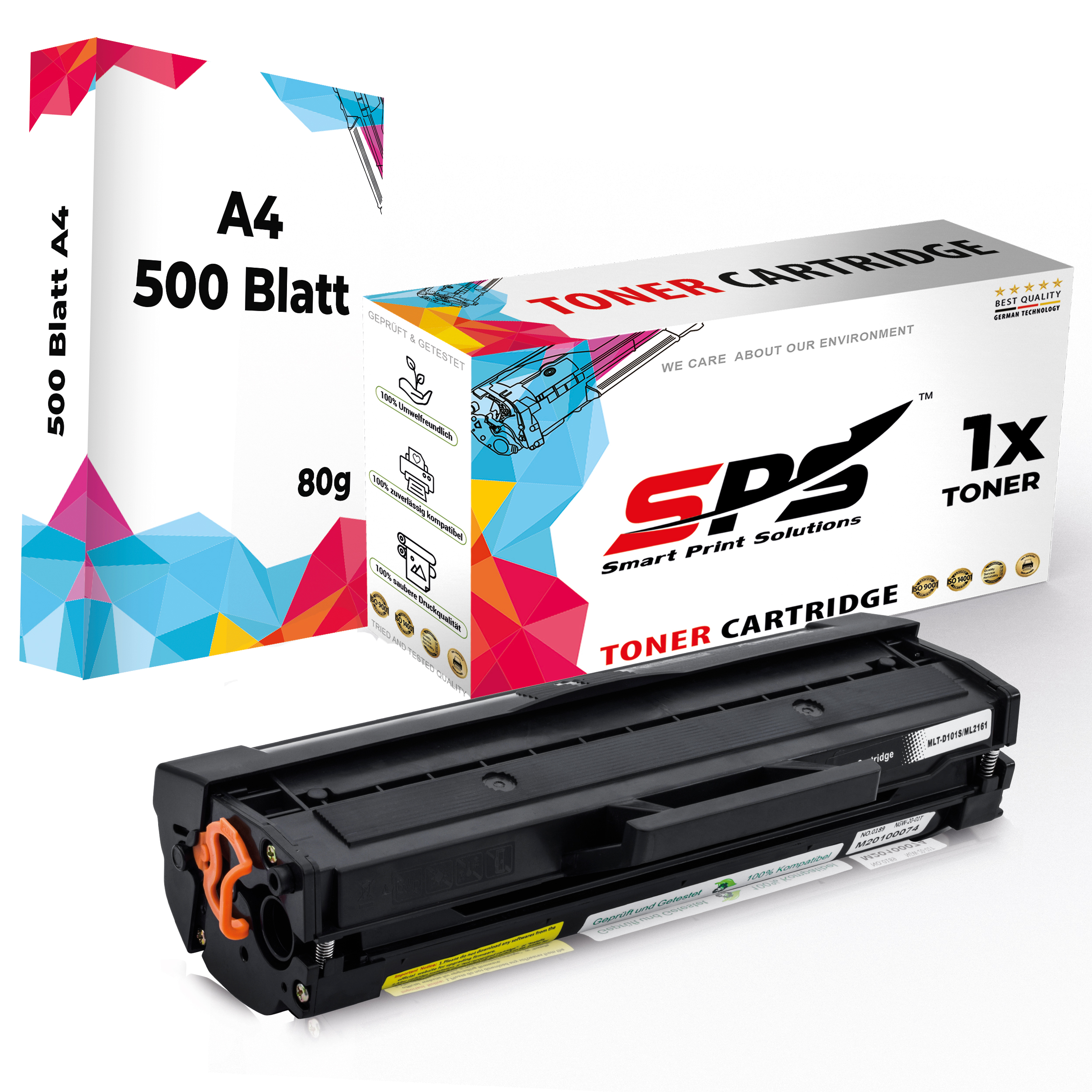 Toner-Kartusche und -Box. Die Box ist weiß und grün mit Text. Weißer Hintergrund.