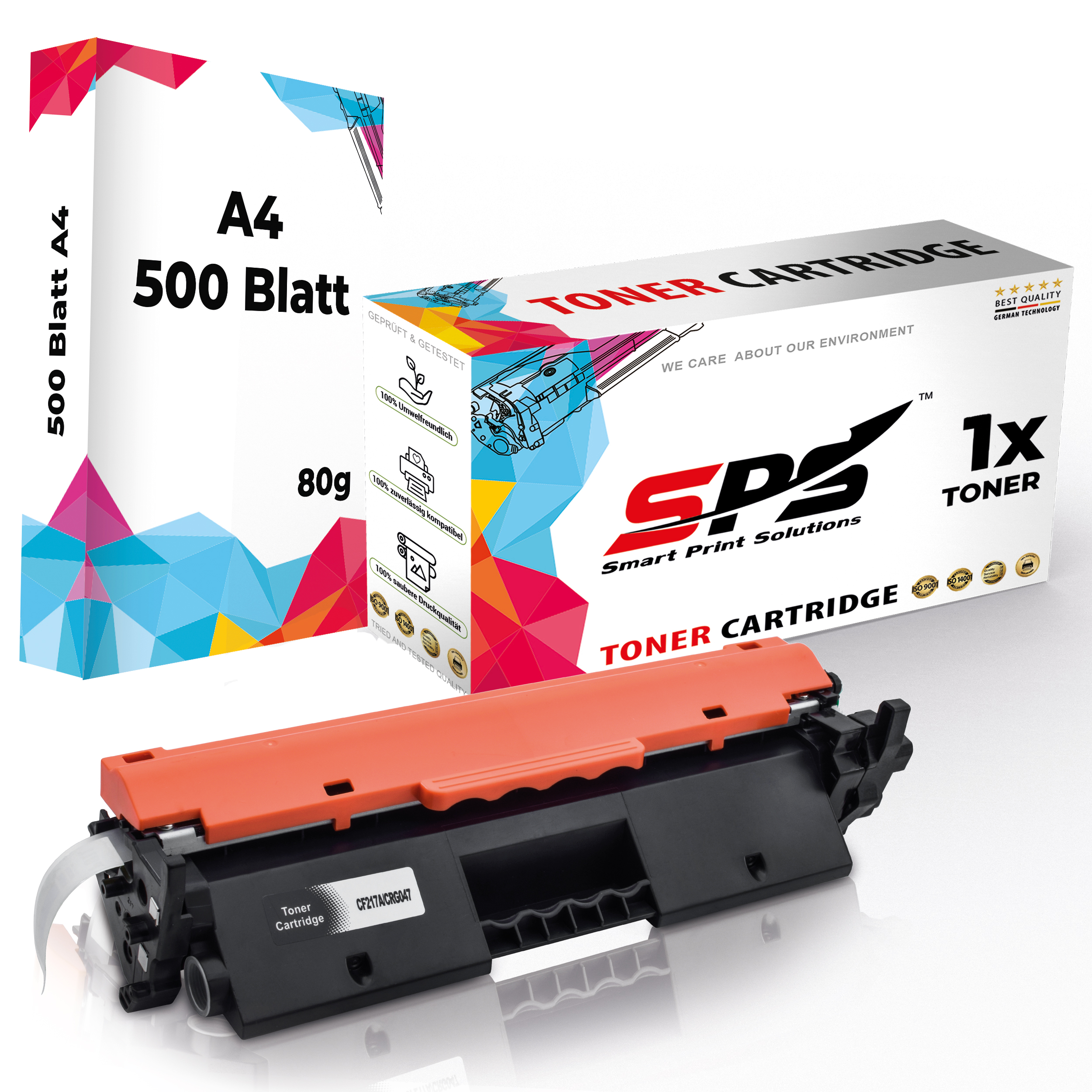 Tonerkartusche und Papierbox. Die Papierbox ist weiß mit bunten Bildern und Texten.