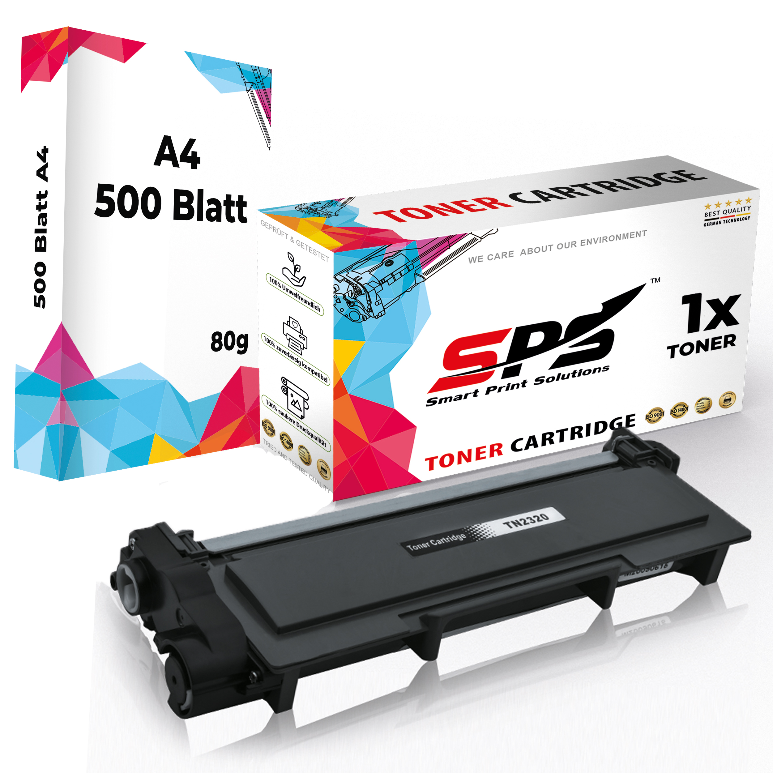 Tonerpatronenbox und -patrone. Box ist weiß mit farbenfrohem Design, Patrone ist schwarz.