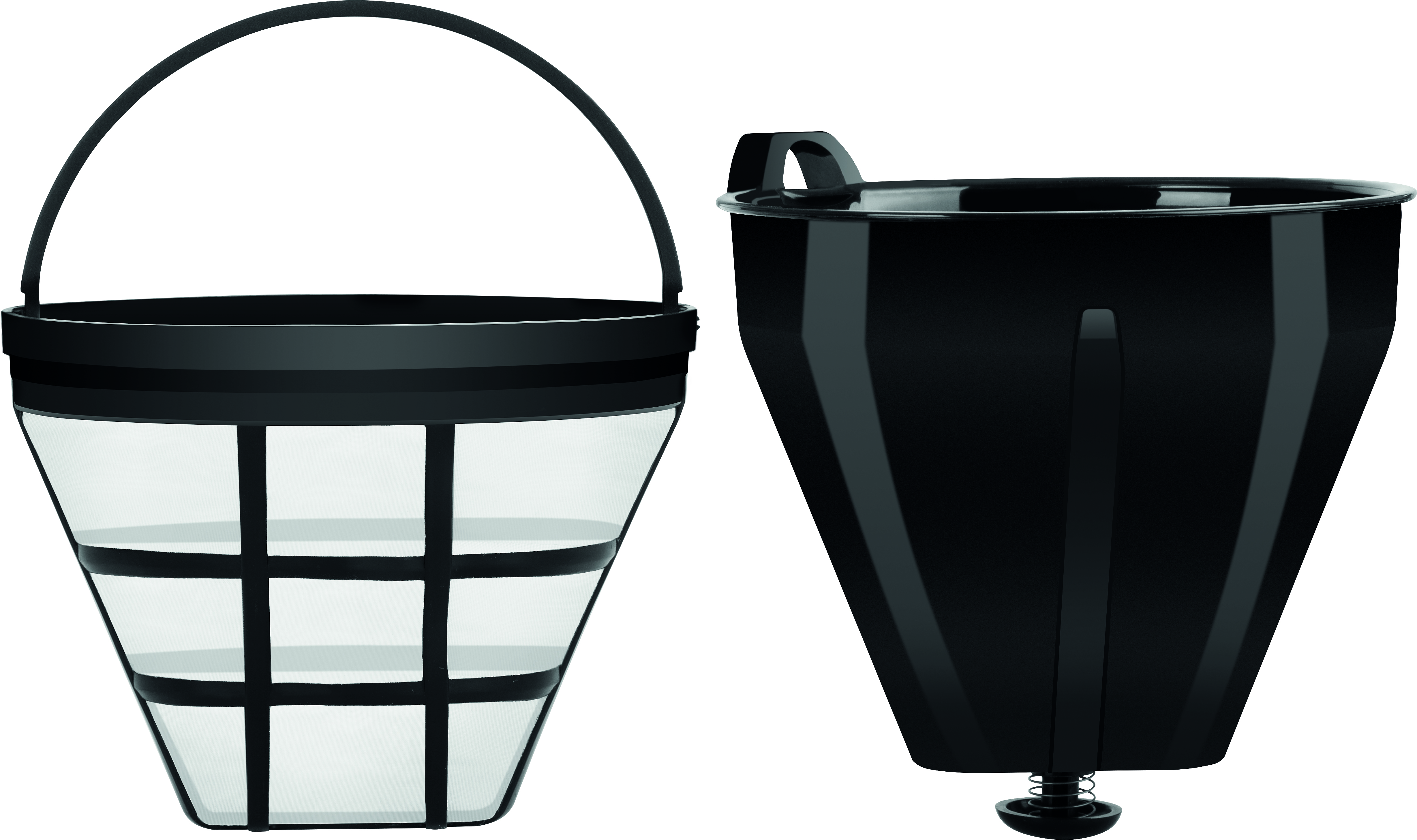 Dwa czarne koszyki filtracyjne do kawy, jeden z uchwytem i siatką, drugi solidny.