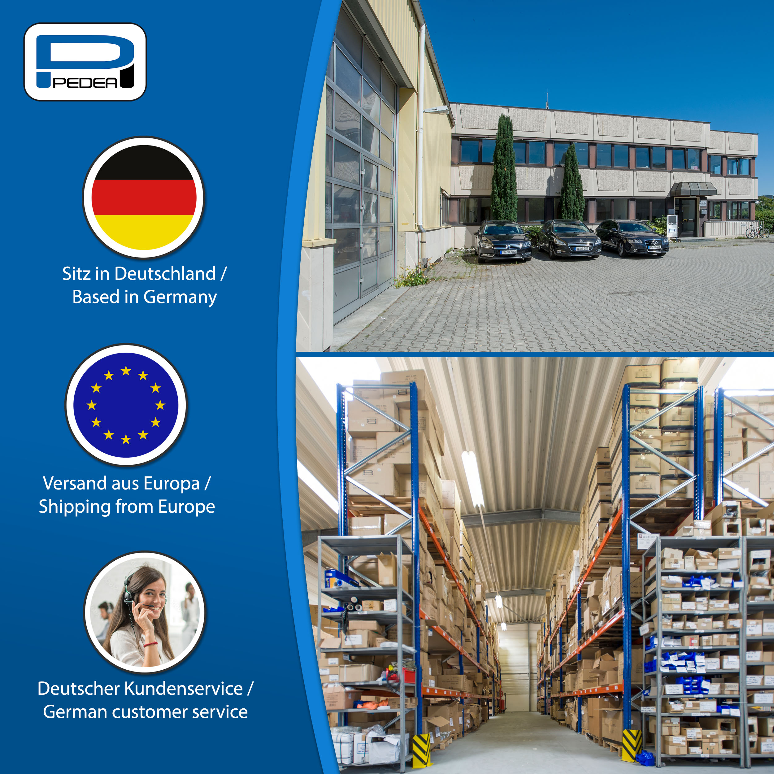 Bild mit Markeninfo: Deutsche Flagge, EU-Flagge und Kundenservice.